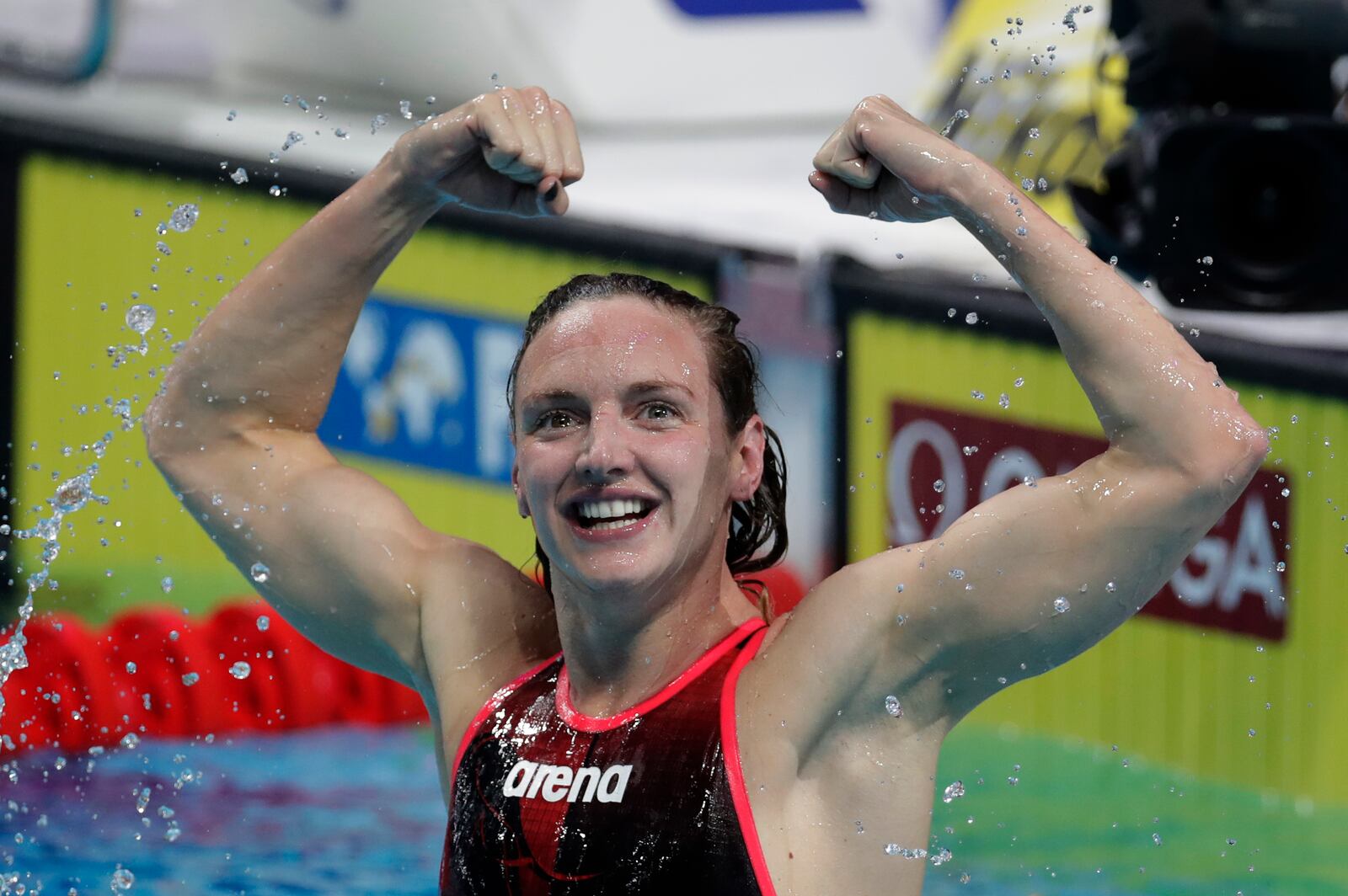 FILE - Hungary's Katinka Hosszu celebrates after winning the gold medal in the women's 400-meter individual medley final during the swimming competitions of the World Aquatics Championships in Budapest, Hungary, Sunday, July 30, 2017. (AP Photo/Michael Sohn, File)