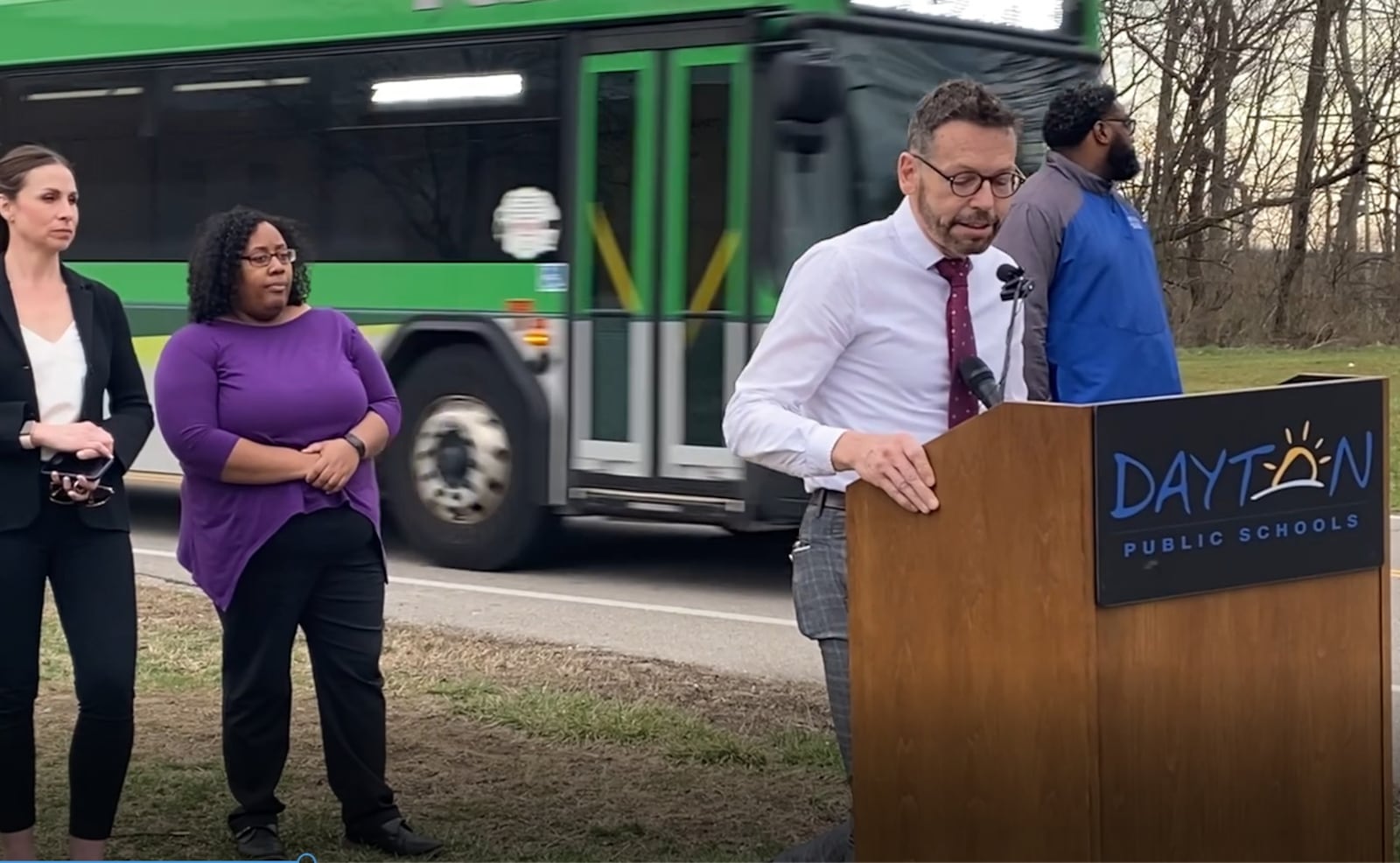 Dayton Public Schools board member Joe Lacey speaks during a press conference on Monday about RTA's recent comments about wanting high school students off buses. DPS purchases bus passes to get high school students living in their district to school. Eileen McClory / Staff