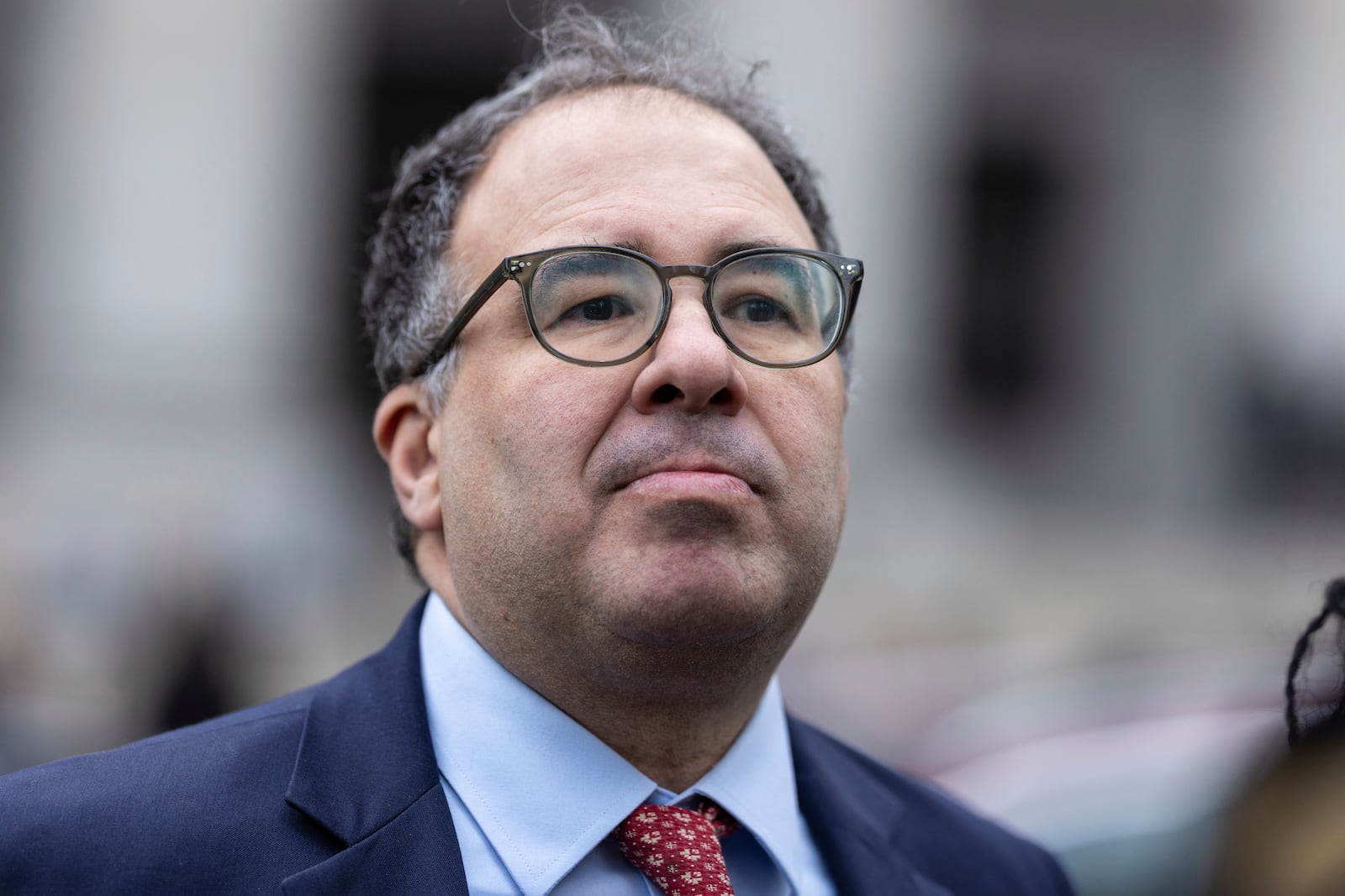 Attorney Baher Azmy stands outside the Manhattan federal court after attending the deportation case of Mahmoud Khalil, Wednesday, March 12, 2025, in New York. (AP Photo/Stefan Jeremiah)