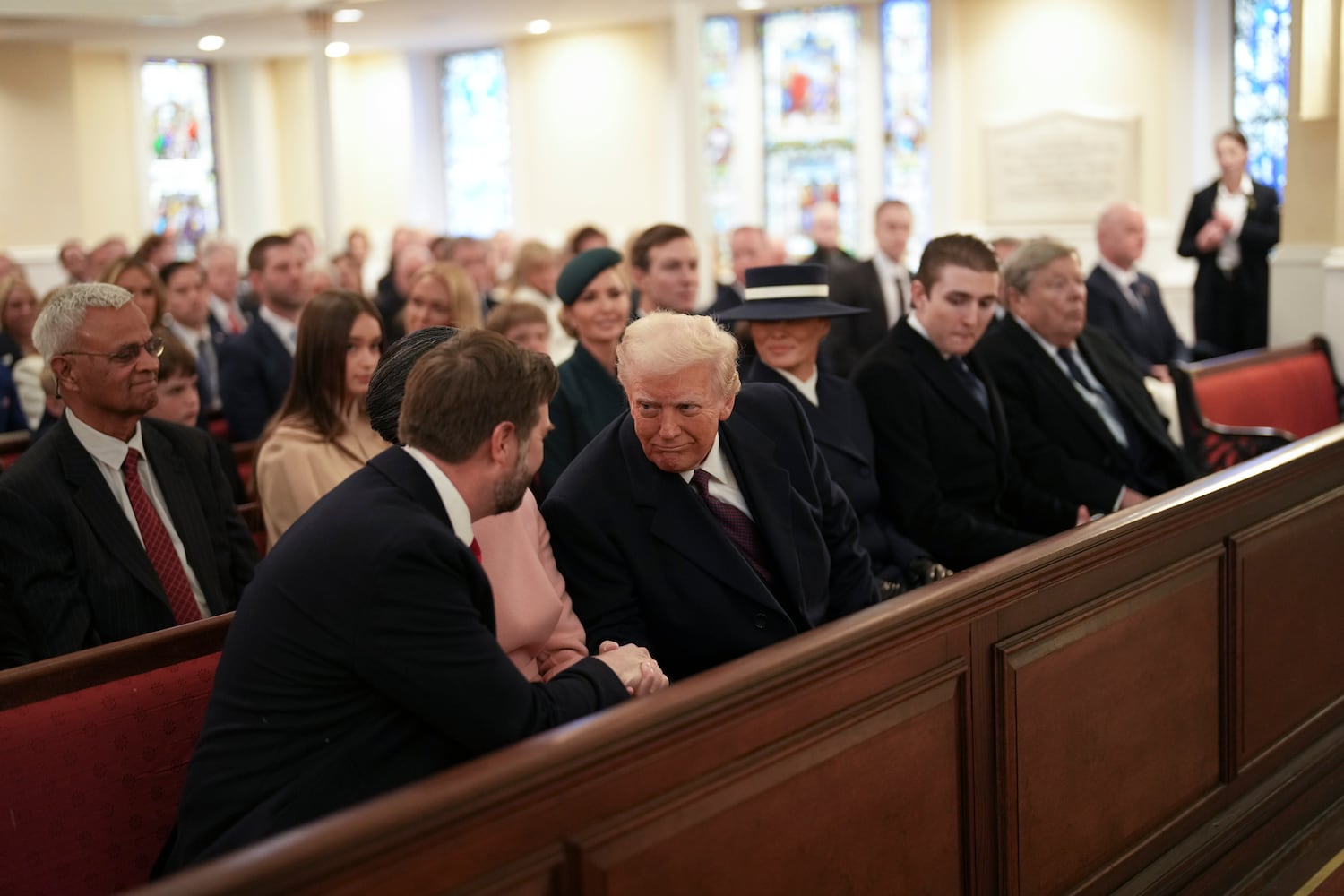 President-elect Donald Trump greets Vice President-elect JD Vance at St. John’s Church for a service in Washington on Monday morning, Jan. 20, 2025. (Doug Mills/The New York Times)