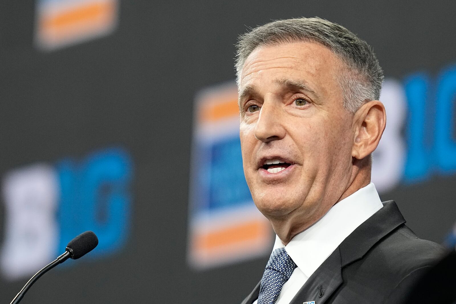 Big Ten Conference Commissioner Tony Petitti speaks during an NCAA college football news conference at the Big Ten Conference media days at Lucas Oil Stadium, Wednesday, July 26, 2023, in Indianapolis. (AP Photo/Darron Cummings)