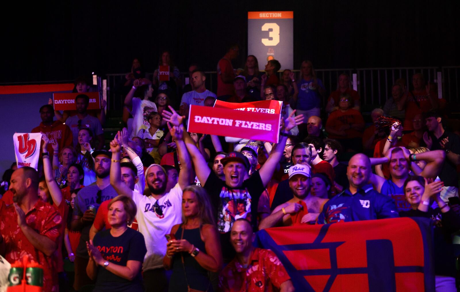 Dayton fans cheer during a game against Wisconsin on Wednesday, Nov. 23, 2022, in the first round of the Battle 4 Atlantis at Imperial Arena at the Paradise Island Resort in Nassau, Bahamas. David Jablonski/Staff