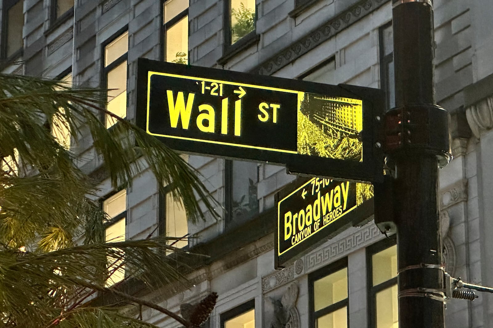 Signs mark the intersection of Wall Street and Broadway in New York's Financial District on Wednesday Dec.11, 2024. (AP Photo/Peter Morgan)