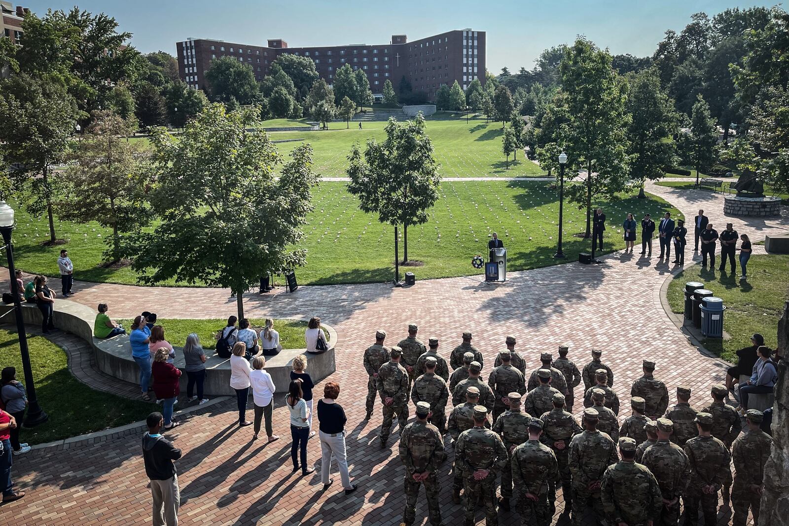 The University of Dayton students gathered together Friday Sept. 10, 2021 in the UD Central Mall for the 20 anniversary of 911. JIM NOELEKR/STAFF