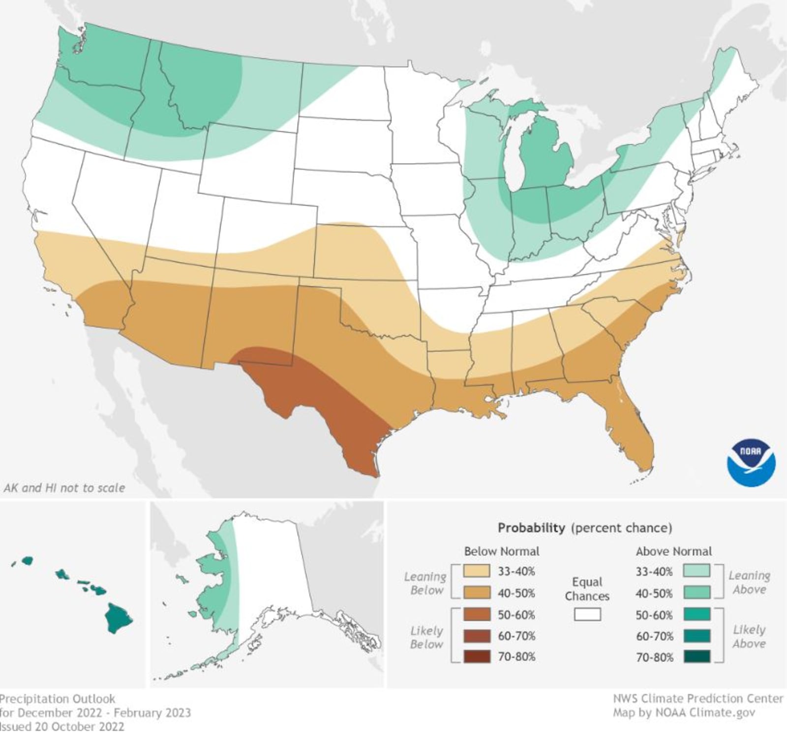 NOAA winter 2022-23 precipitation outlook map