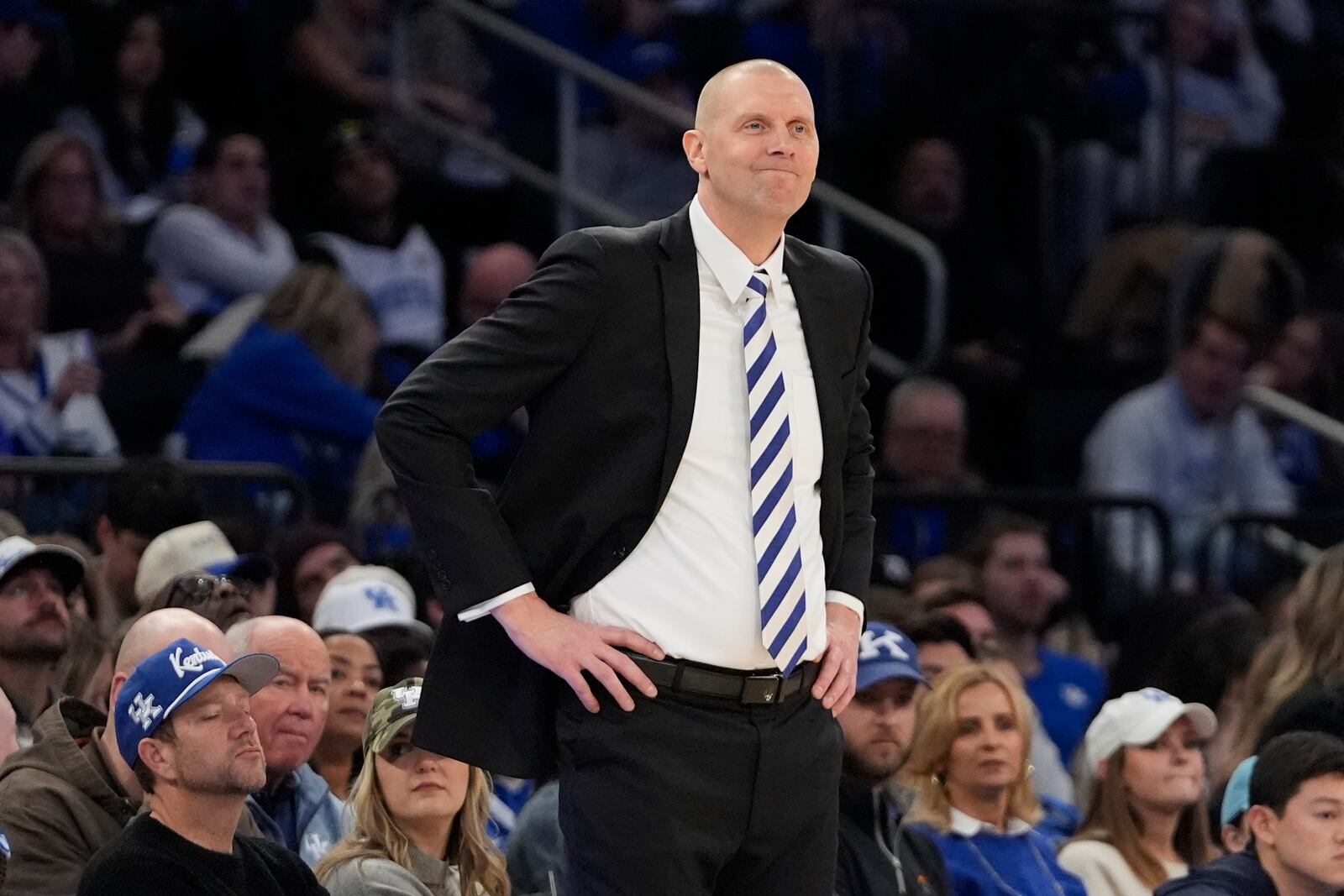 Kentucky head coach Mark Pope reacts during the second half of an NCAA college basketball game against Ohio State in the CBS Sports Classic, Saturday, Dec. 21, 2024, in New York. (AP Photo/Frank Franklin II)