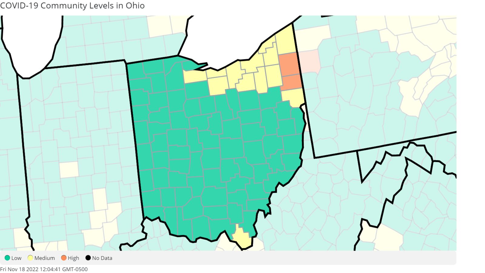 Ohio COVID-19 community levels as of Nov. 18, 2022. Map courtesy the Centers for Disease Control and Prevention.