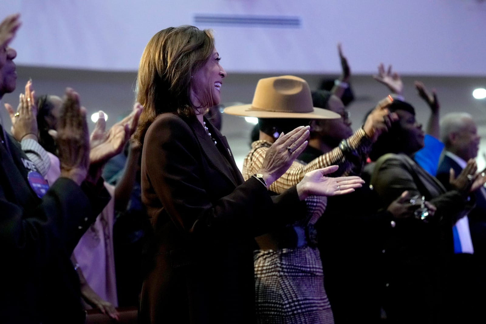 Democratic presidential nominee Vice President Kamala Harris attends a service at the Church of Christian Compassion, Sunday, Oct. 27, 2024, in Philadelphia. (AP Photo/Susan Walsh)