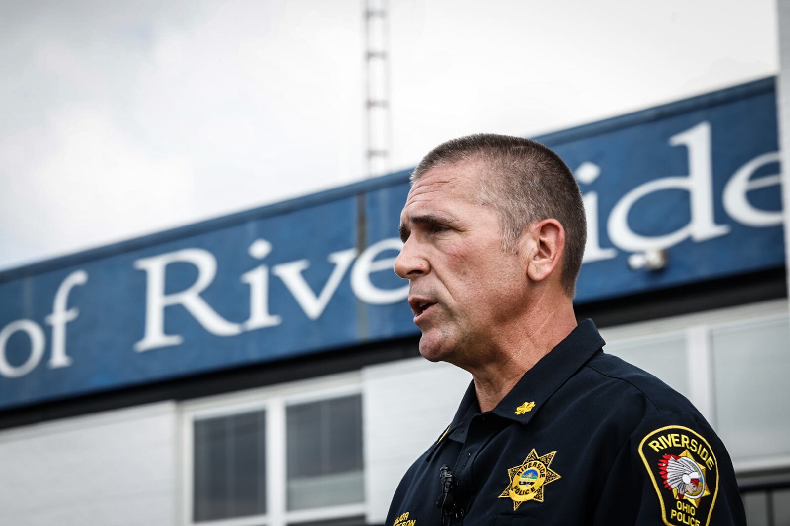 Riverside police Maj. Matthew Sturgeon speaks to the media regarding the death of a construction worker who was fatally hit by a semi early Thursday, July 20, 2023, in a construction zone on U.S. 35 West near the Woodman Drive overpass. The worker killed was identified Friday as 38-year-old Jonathan Schmidt by the Montgomery County Coroner's Office. JIM NOELKER / STAFF