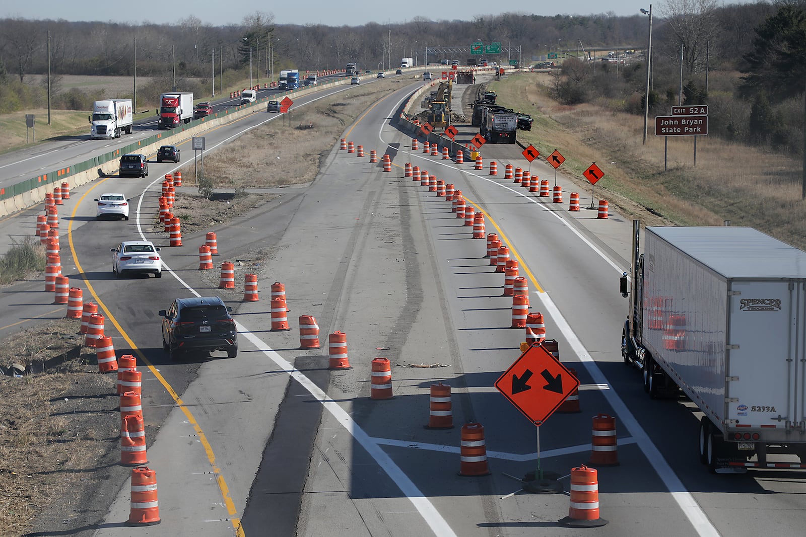 Interstate 70 eastbound traffic now splits to two separate lanes through the Clark County widening project. Federal funds paid for part of the $43 million project.  BILL LACKEY/STAFF