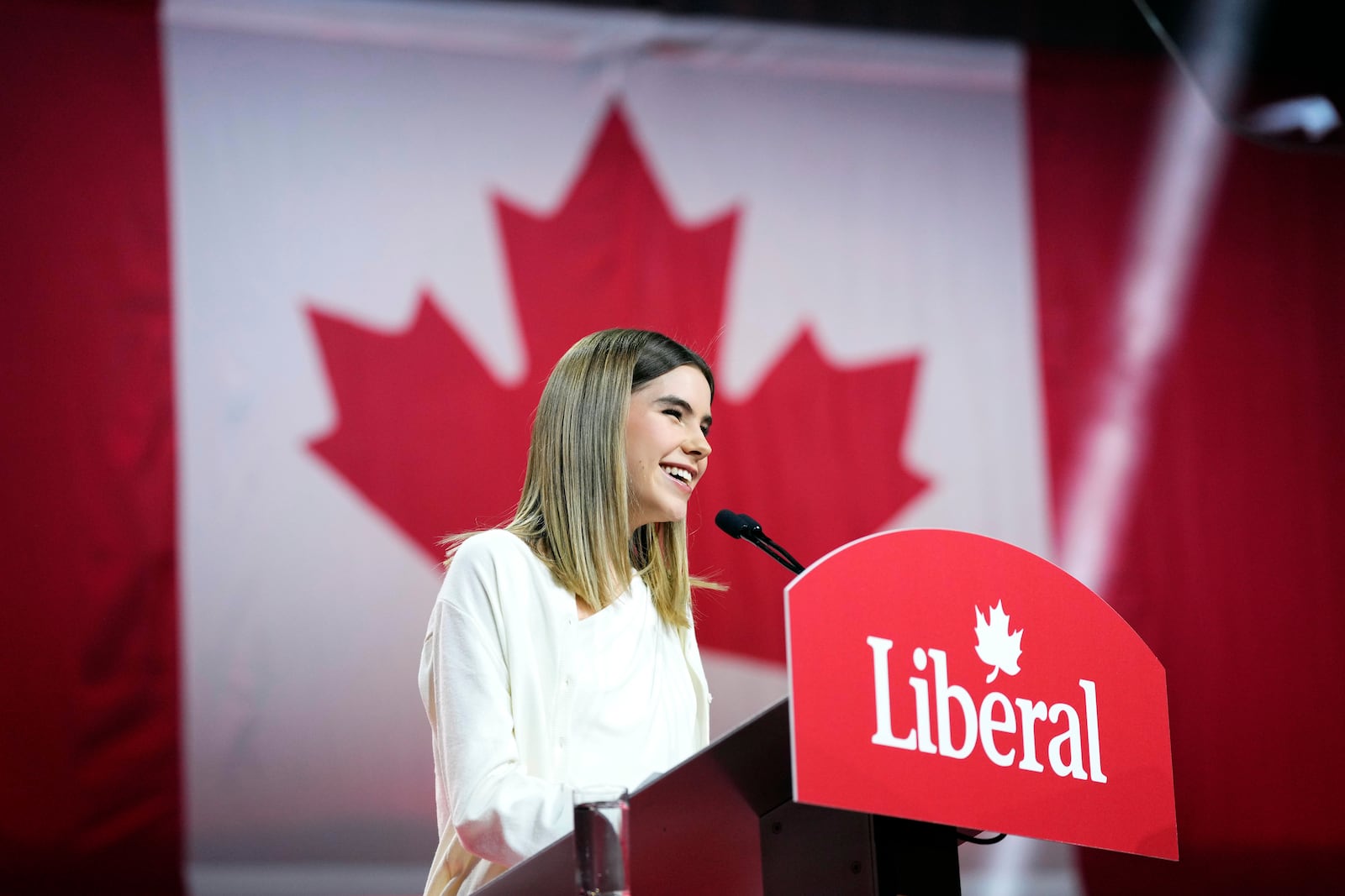 Cleo Carney, daughter of Mark Carney, introduces her father after he was announced as the winner at the Liberal Leadership Event in Ottawa, Ontario, Sunday, March 9, 2025. (Justin Tang/The Canadian Press via AP)