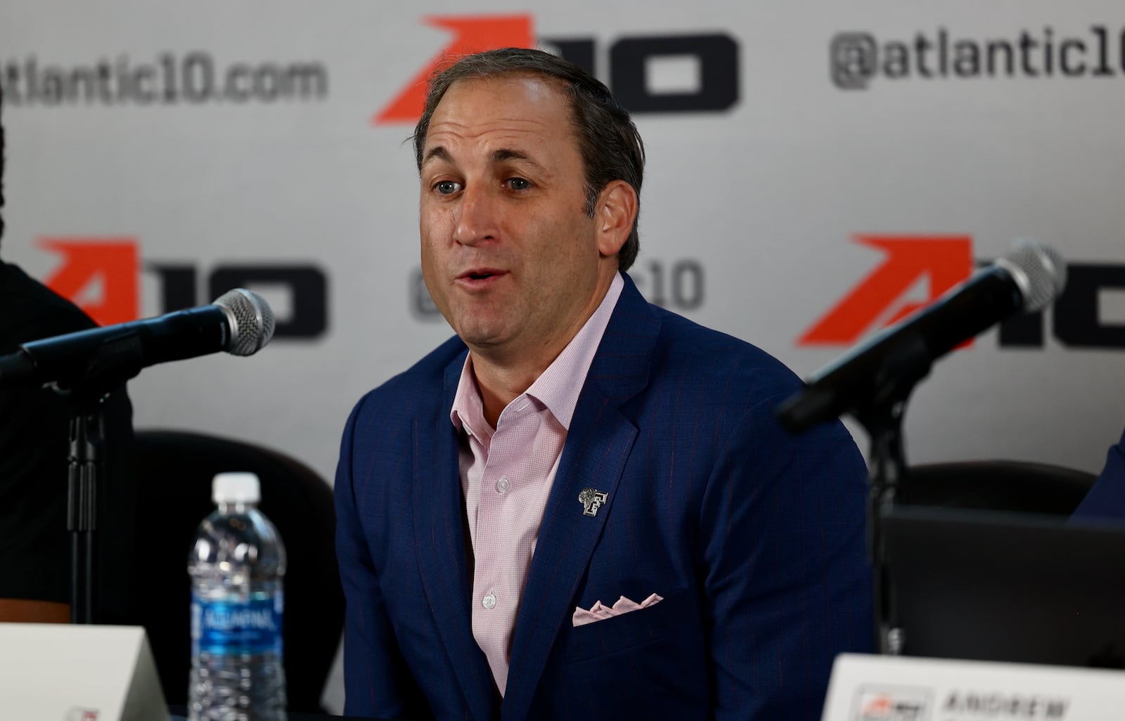 Fordham coach Keith Urgo talks at Atlantic 10 Conference Media Day on Tuesday, Oct. 17, 2023, at the Barclays Center in Brooklyn, N.Y. David Jablonski/Staff