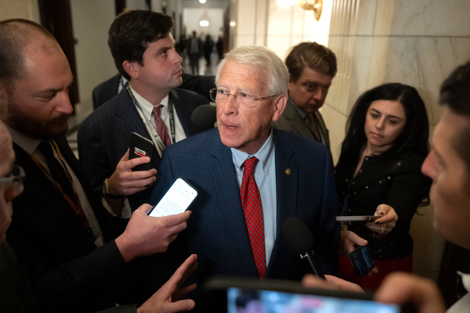 Sen. Roger Wicker, R-Miss., speaks with reporters after meeting with Pete Hegseth, President-elect Donald Trump's pick for Secretary of Defense, on Capitol Hill, Thursday, Nov. 21, 2024, in Washington. (AP Photo/Mark Schiefelbein)