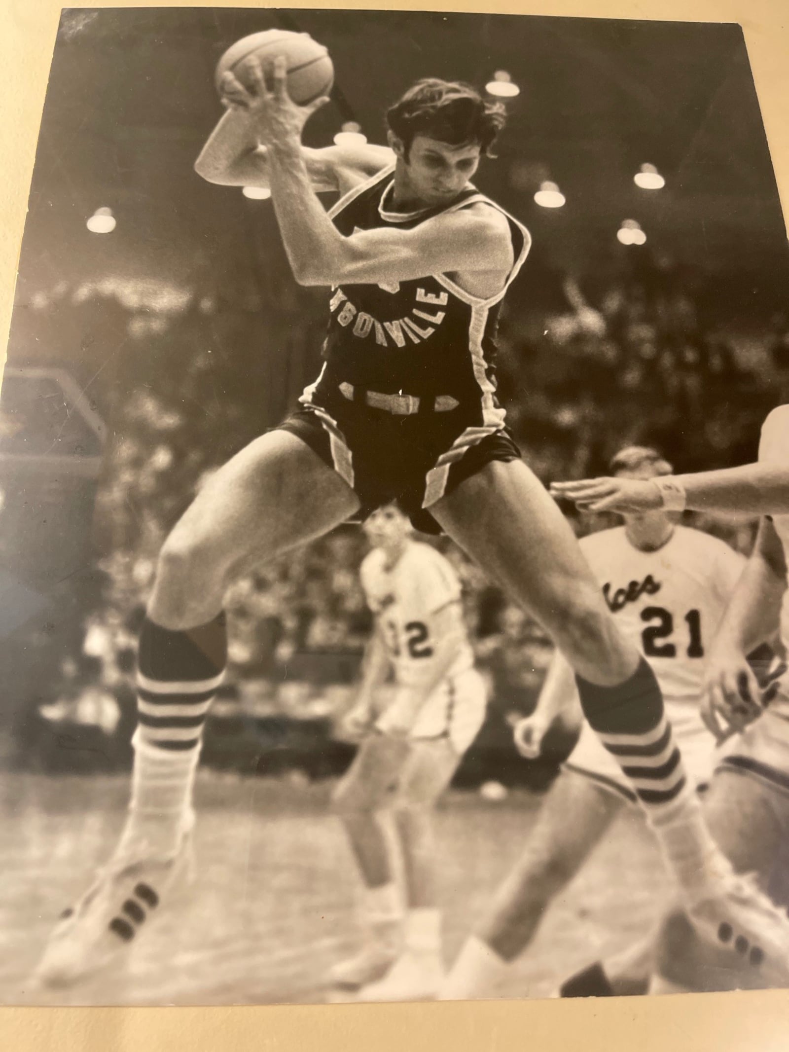 Greg Nelson pulling down a rebound for Jacksonville University during the magical 1969-70 season. Despite the school having just 2,300 students, the Dolphins went 27-2, were rated No. 4 in the nation and made it to the NCAA Tournament’s title game before losing to UCLA. CONTRIBUTED