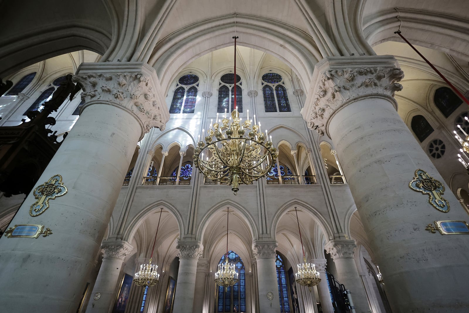 A view of the Notre-Dame cathedral as French President Emmanuel Macron visits the restored interiors of the monument, Friday, Nov.29, 2024 in Paris. (Christophe Petit Tesson, Pool via AP)