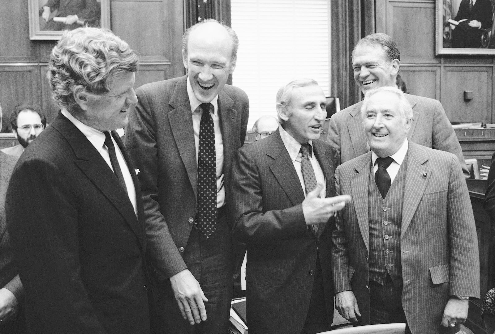 FILE - House Senate conferees meet at the start of their first session on the immigration reform bill on Capitol Hill, Washington, Sept. 13, 1984. From left are, Sen. Edward Kennedy, D-Mass.; Alan Simpson, R-Wyoming, Rep. Romano Mazzoli, D-Ky; Rep. Hamilton Fish, R-N.Y.; Rep. Peter Rodino, D-N.J. Simpson has died at age 93. (AP Photo/Ira Schwarz, File)