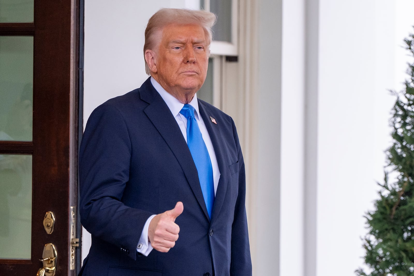 President Donald Trump gives thumbs up as Jordan's King Abdullah II departs the White House, Tuesday, Feb. 11, 2025, in Washington. (Photo/Alex Brandon)