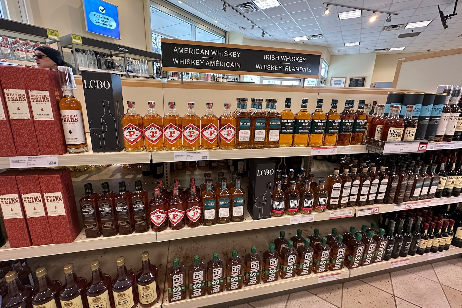 No American whiskey is displayed at an LCBO, the government-run liquor stores where most wine and spirits in the province are purchased, Sunday, March 9, 2025, in Toronto. (AP Photo/Jill Colvin)