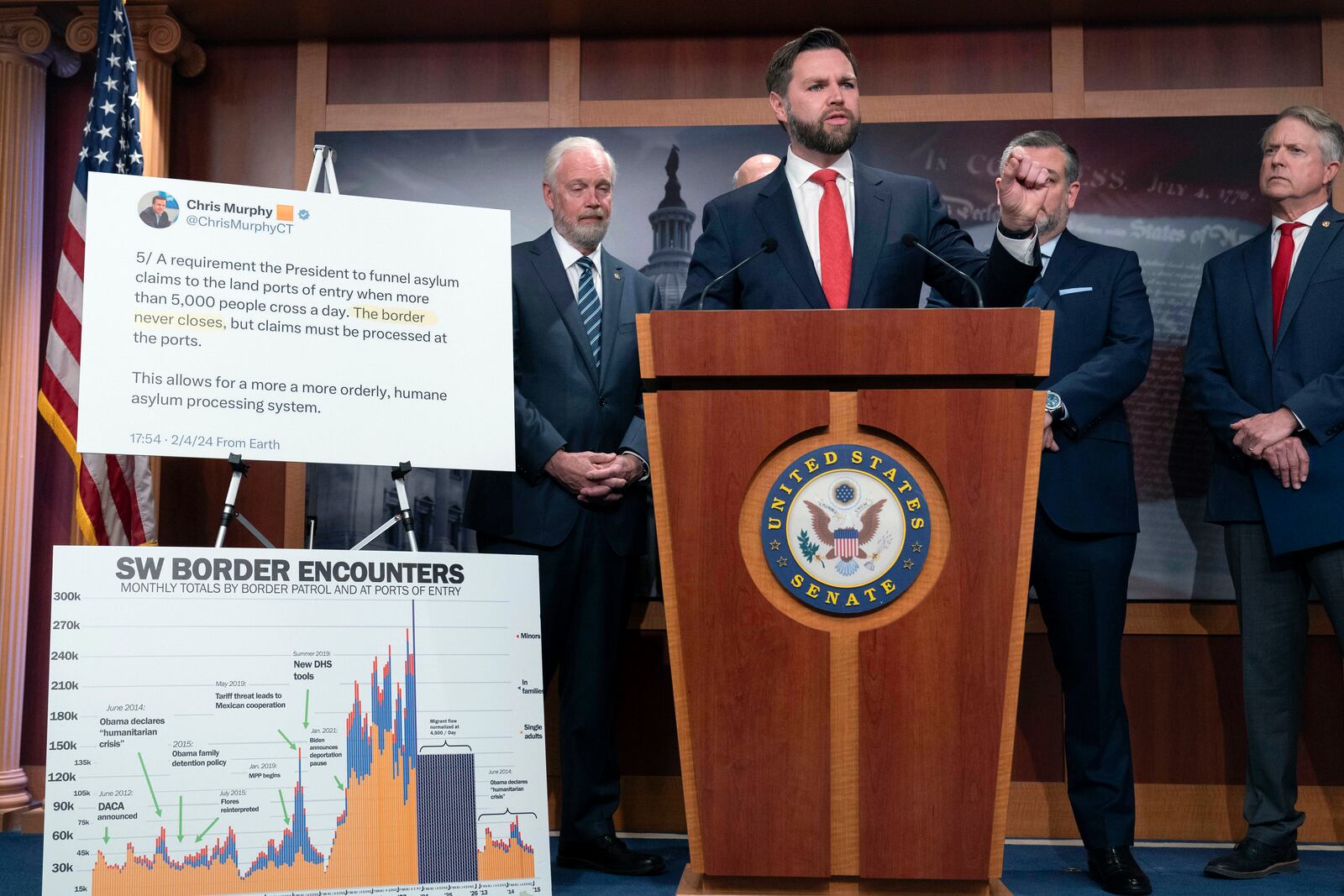 FILE - Sen. JD Vance R-Ohio speaks during a news conference on Capitol Hill in Washington, Feb. 6, 2024. (AP Photo/Jose Luis Magana, File)