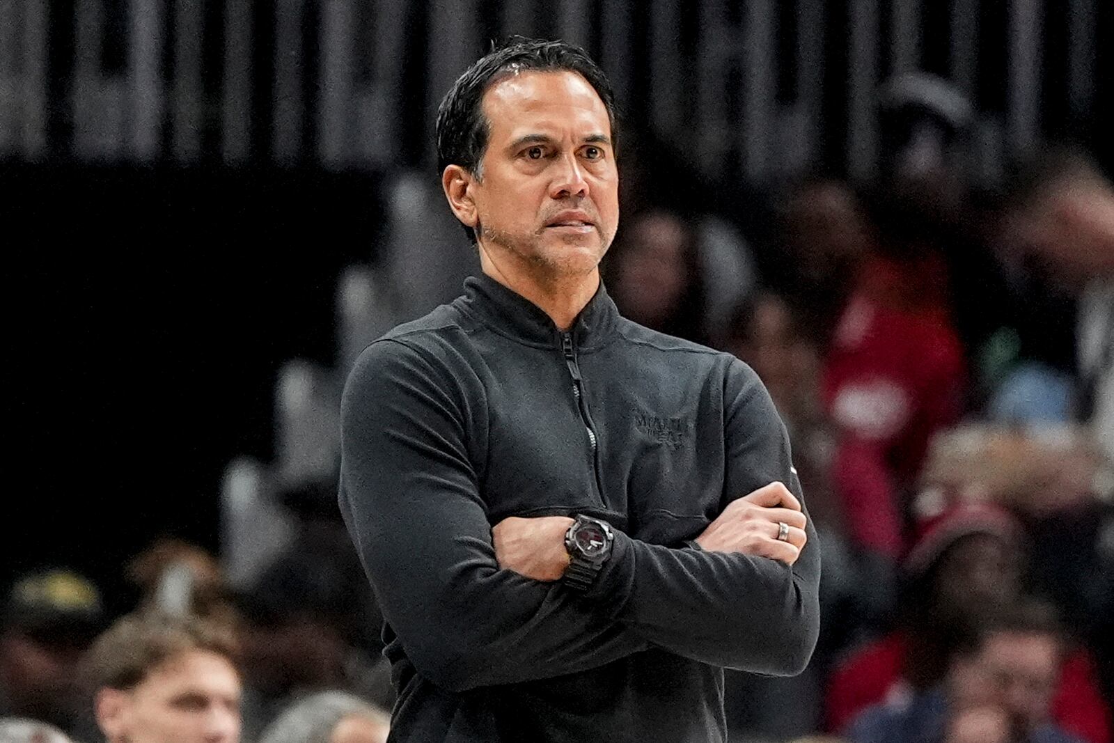 Miami Heat head coach Erik Spoelstra walks the court during the first half of an NBA basketball game against the Atlanta Hawks, Monday, Feb. 24, 2025, in Atlanta. (AP Photo/Mike Stewart)