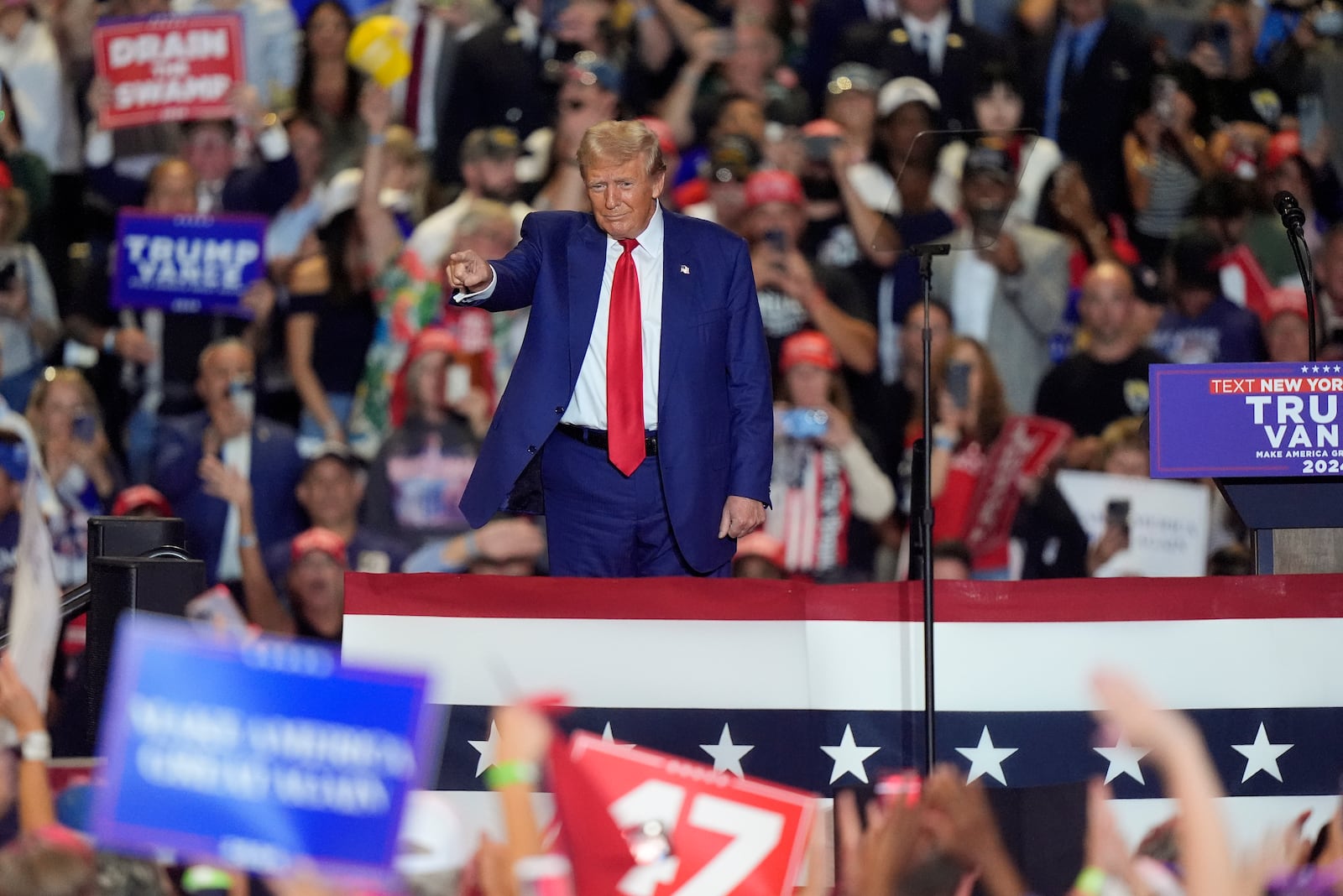 Republican presidential nominee former President Donald Trump, speaks during a campaign event, Wednesday, Sept. 18, 2024, in Uniondale, N.Y. (AP Photo/Frank Franklin II)