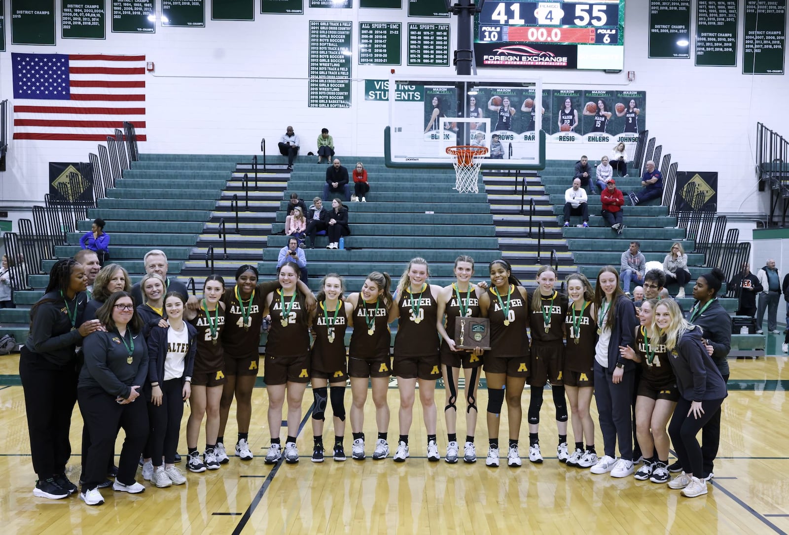 Archbishop Alter Knights celebrate their 55-41 win over Summit Country Day Silver Knights in their Division II District final basketball game Friday, Feb. 24, 2023 at Mason Middle School. NICK GRAHAM/STAFF