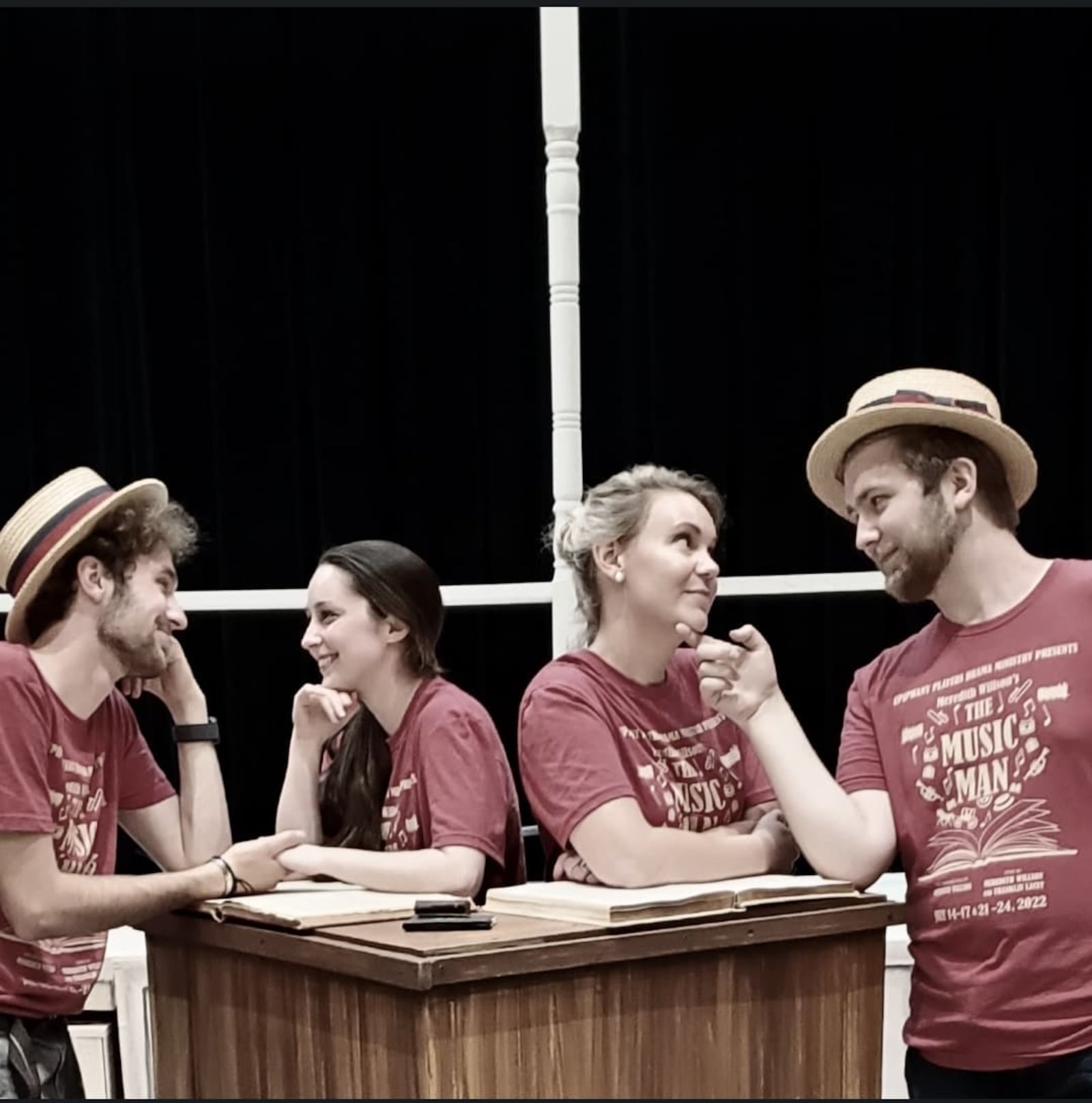 left to right: John Morgan (Harold Hill), Bridget Miley (Marian Paroo), Megan Rehberg (Marian Paroo), and Bobby Morgan (Harold Hill) in rehearsals for Epiphany Lutheran Church's production of "The Music Man." CONTRIBUTED