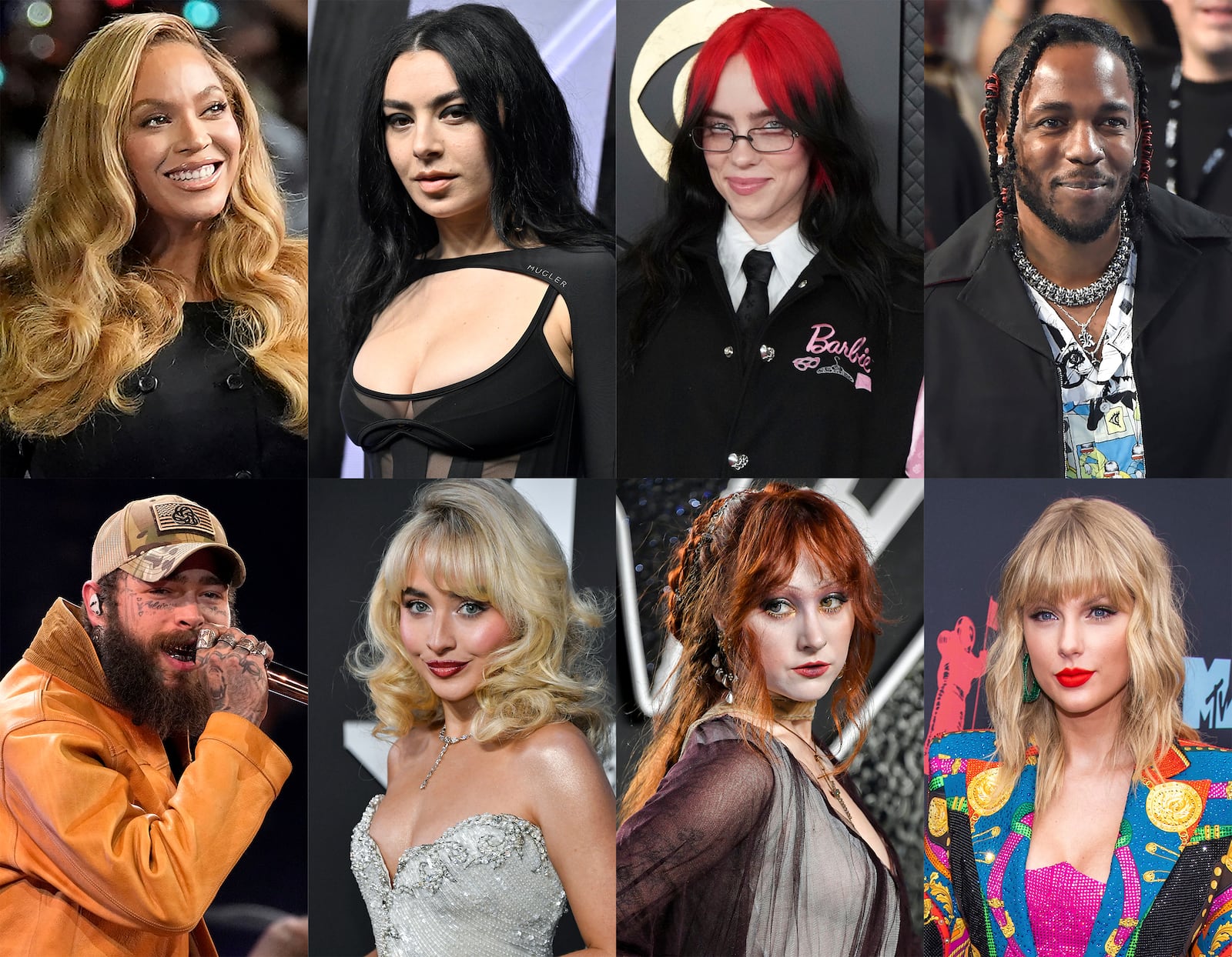 This combination of photos shows top Grammy Awards nominees, top row from left, Beyonce, Charli XCX, Billie Eilish, Kendrick Lamar, bottom row from left, Post Malone, Sabrina Carpenter, Chappell Roan and Taylor Swift. (AP Photo)