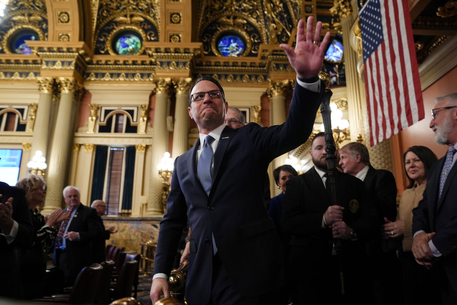 Pennsylvania Gov. Josh Shapiro arrives to deliver his budget address for the 2025-26 fiscal year to a joint session of the state House and Senate at the Capitol is seen, Tuesday, Feb. 4, 2025, in Harrisburg, Pa. (AP Photo/Matt Rourke)