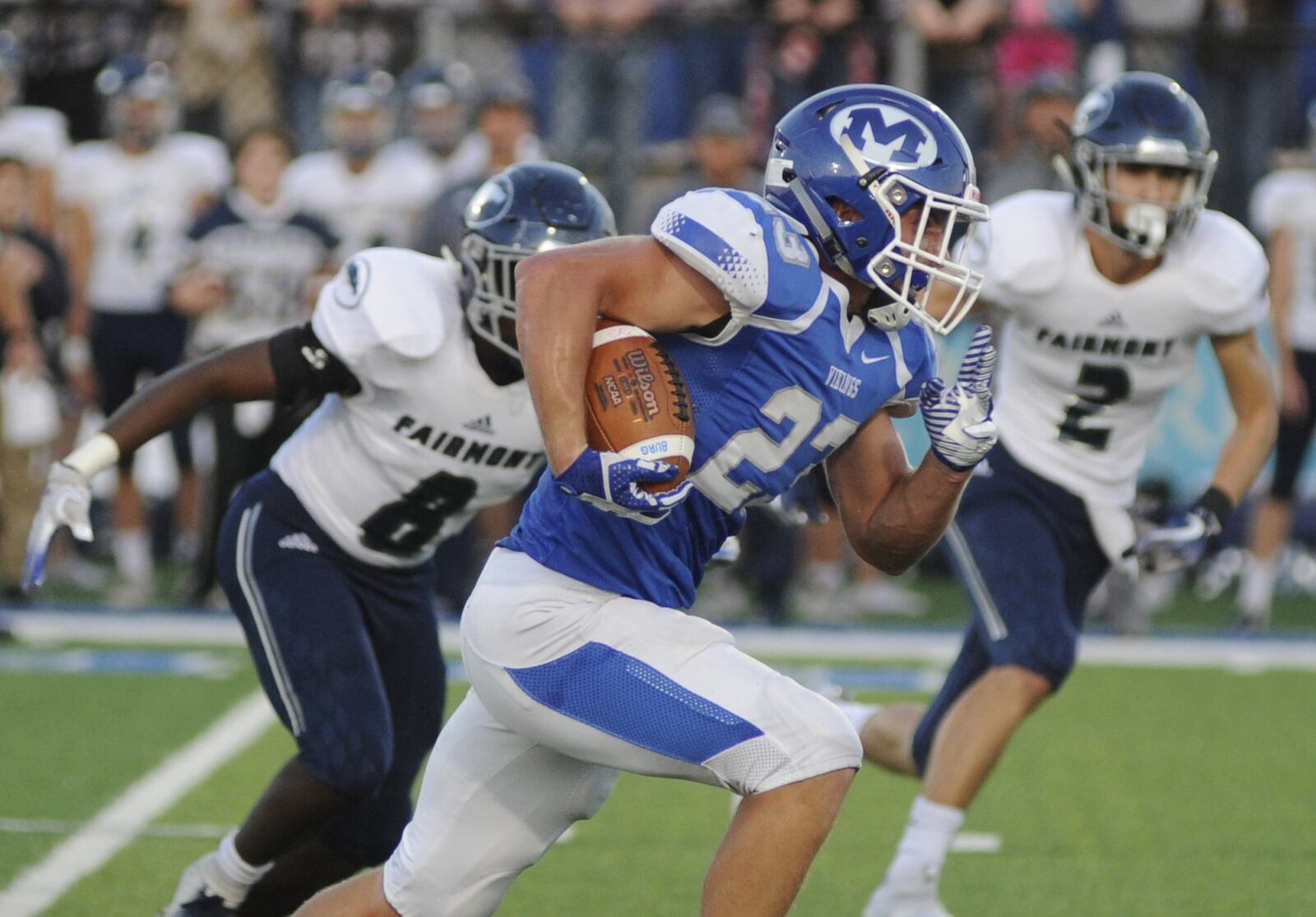 Jon Yerkins of Miamisburg makes a long gain. Fairmont defeated host Miamisburg 25-24 in a Week 6 high school football game on Friday, Sept. 28, 2018. MARC PENDLETON / STAFF