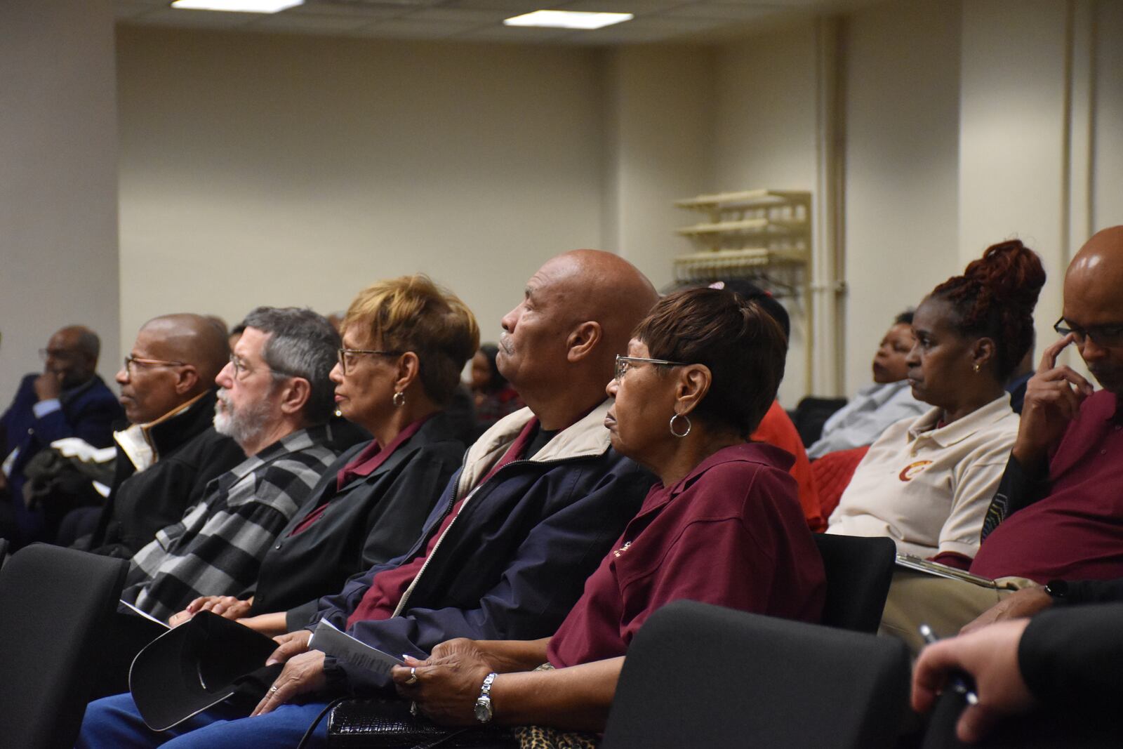 Members of the Bethel Missionary Baptist Church in West Dayton attend a city commission meeting on March 6, 2024. CORNELIUS FROLIK / STAFF