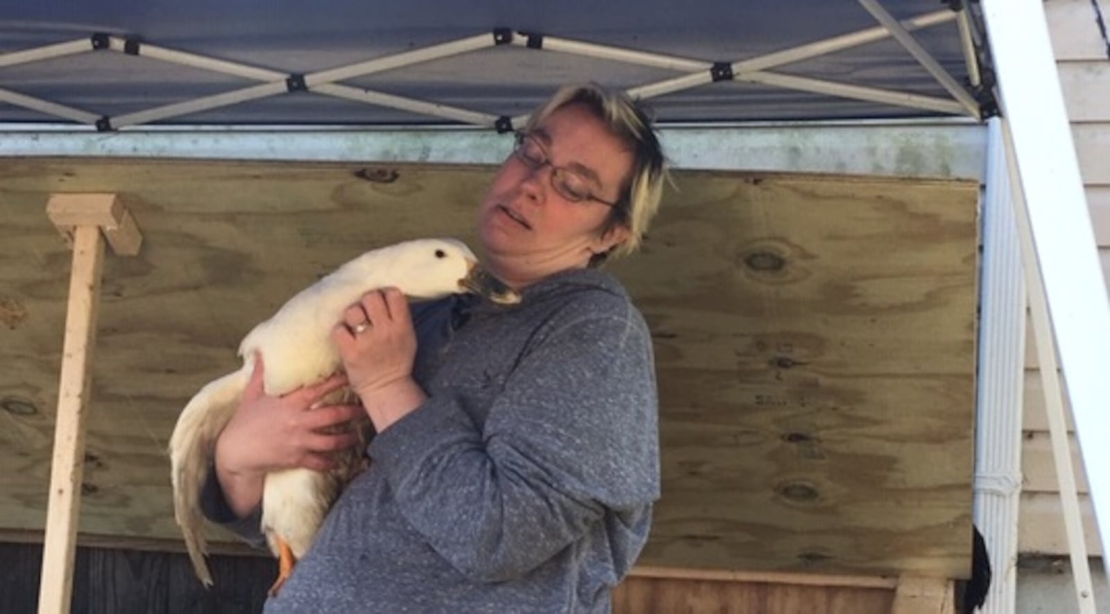 Arlee Govoni cuddles one of the ducks her family keeps in the backyard of their East Sycamore Street home in Miamisburg.