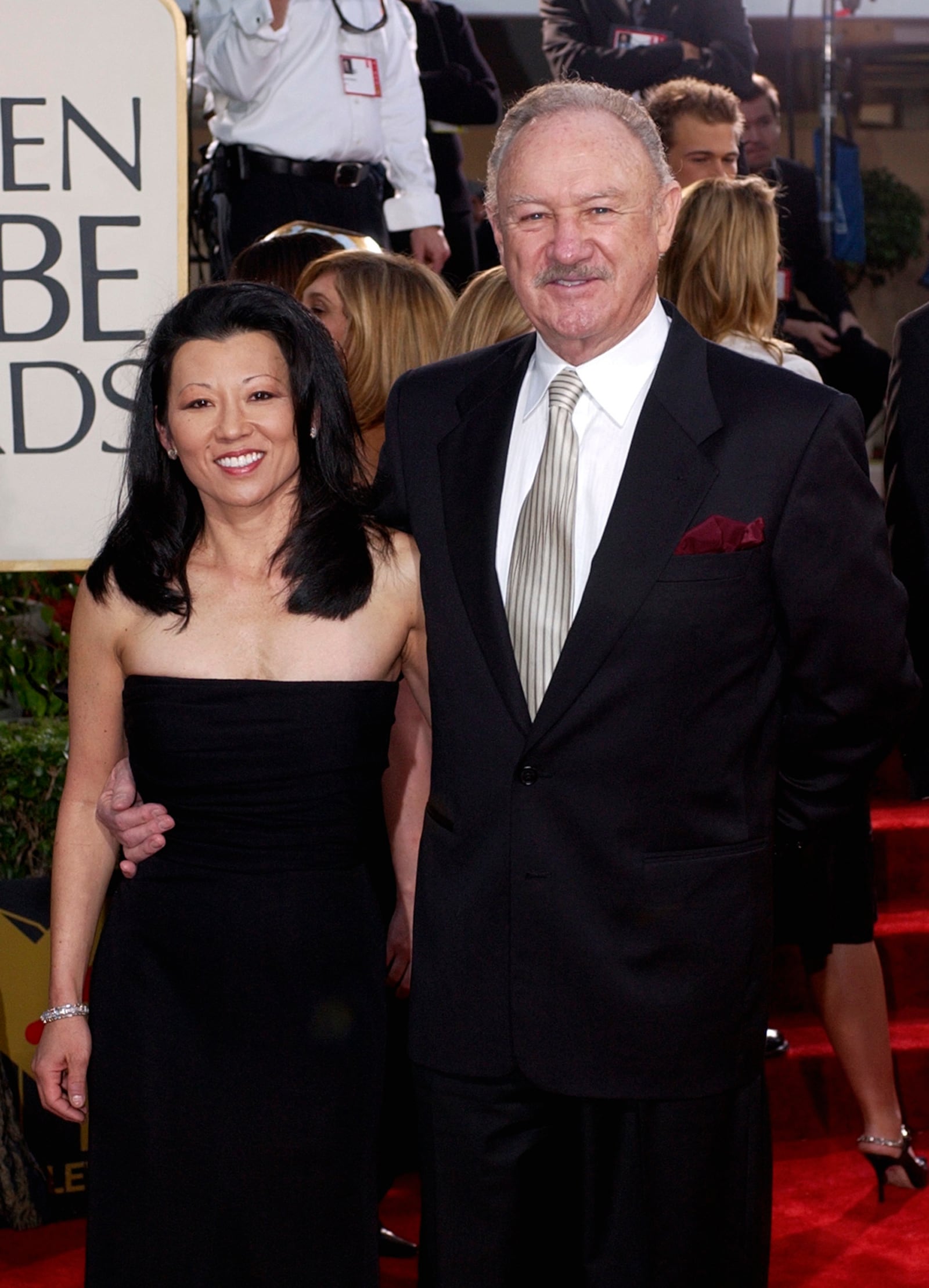 FILE - Actor Gene Hackman arrives with his wife, Betsy Arakawa, for the 60th Annual Golden Globe Awards in Beverly Hills, Calif., Sunday, Jan. 19, 2003. (AP Photo/Mark J. Terrill, File)