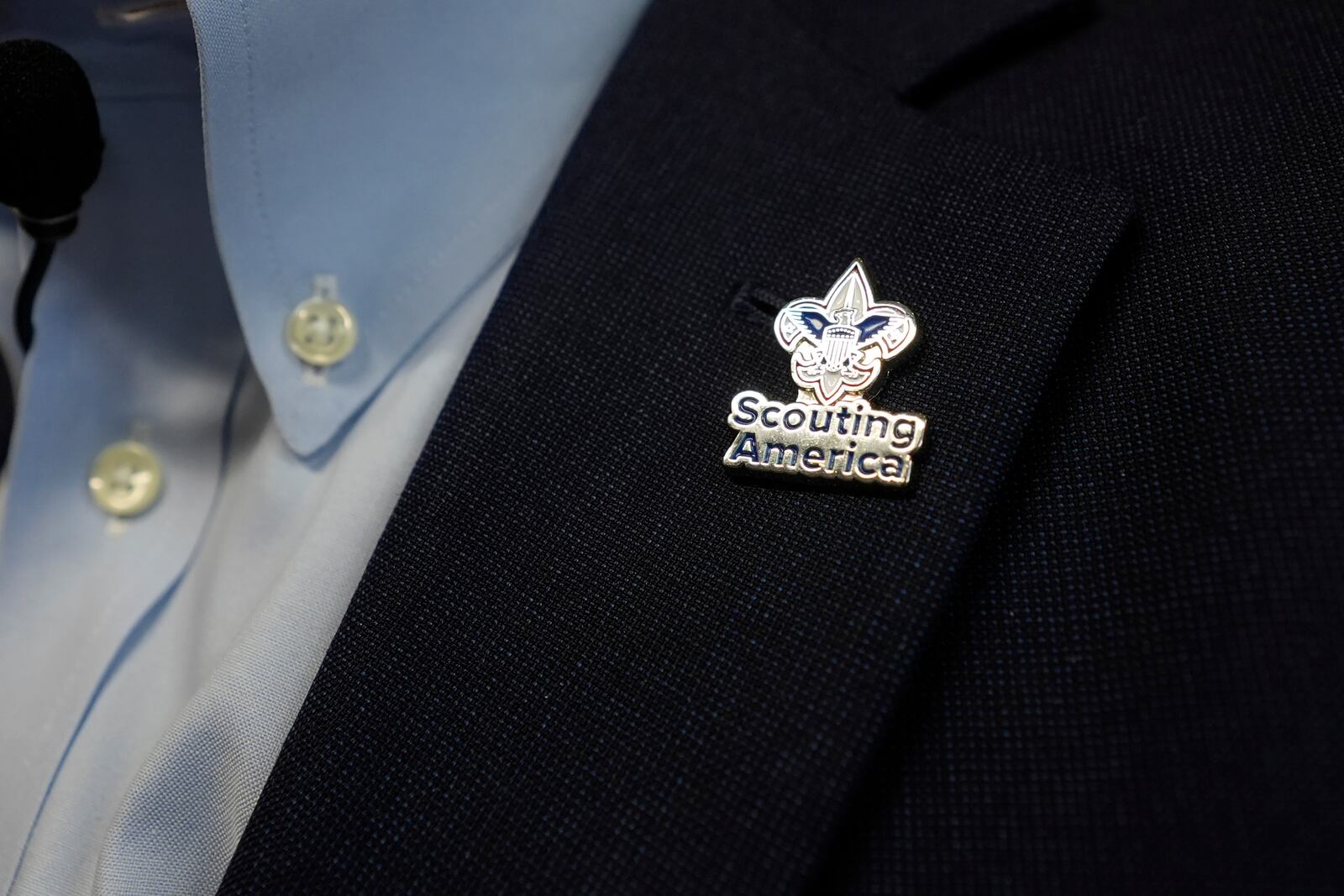 Roger Krone wears a Scouting America lapel pin during an interview in Irving, Texas, Wednesday, Feb. 5, 2025. (AP Photo/LM Otero)