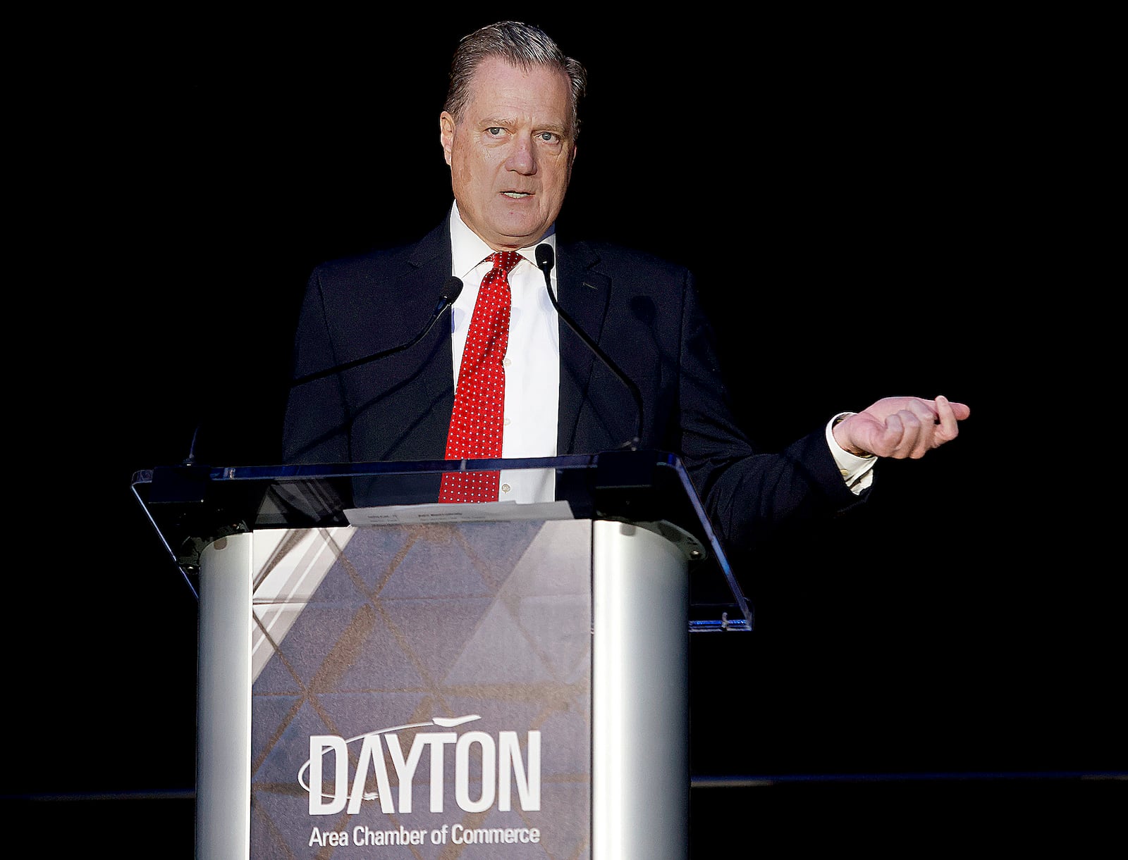 Congressman Mike Turner introduced former Ambassador to NATO, Kay Bailey Hutchison, the keynote speaker for the Dayton Area Chamber of Commerce 2025 annual memberhip meeting, Monday. March 10, 2025 at the Dayton Convention Center. MARSHALL GORBY\STAFF