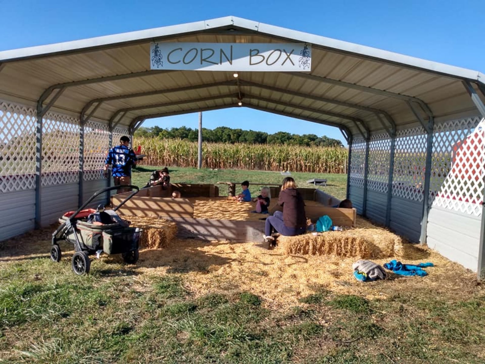 This is the Corn Box, one of 18 fall-themed attractions at the Amazing Fall Fun Corn Maze and Pumpkin Patch, located in Waterloo, Indiana.