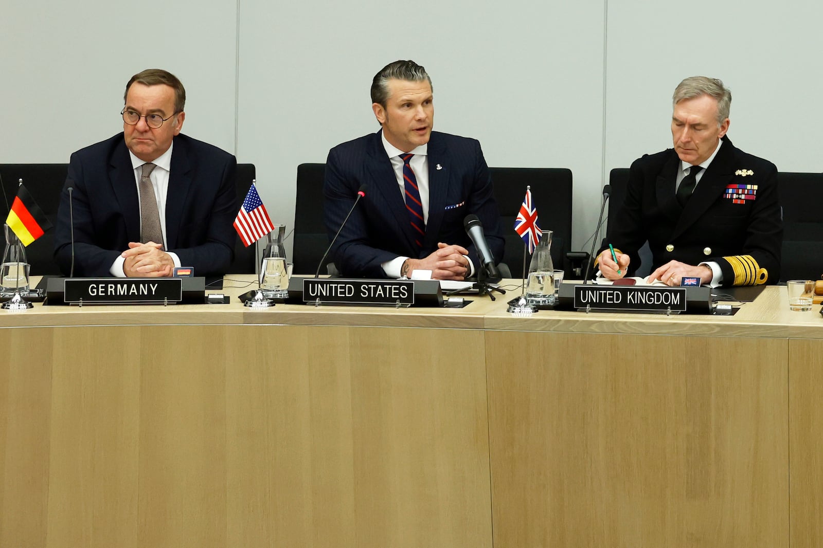 From left, Germany's Defense Minister Boris Pistorius,United States Secretary of Defense Pete Hegseth and Britian's Chief of Defense Admiral Sir Tony Radakin attend a meeting of the Ukraine Defense Contact group at NATO headquarters in Brussels, Wednesday, Feb. 12, 2025. (AP Photo/Omar Havana)