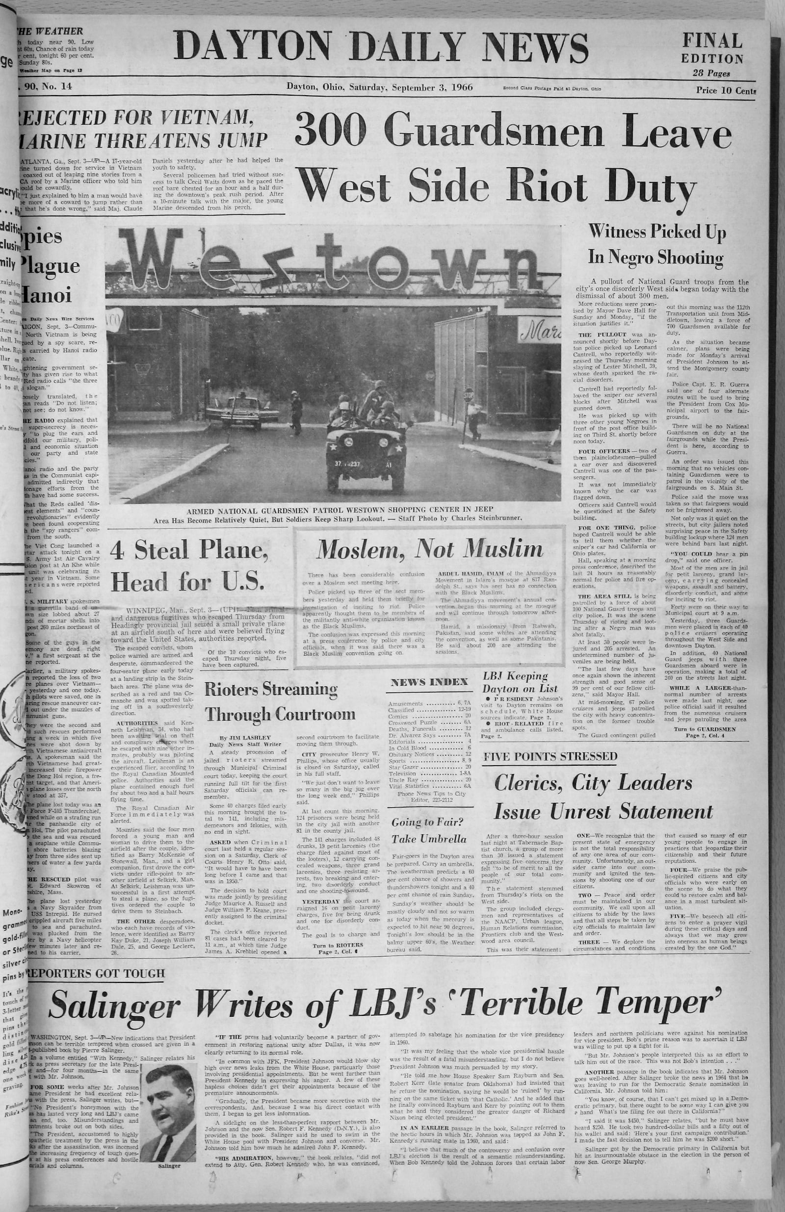 September 3, 1966:  The front page of the Dayton Daily News covering the riots in West Dayton of 1966. VIEW THE FULL-SIZE PAGE: https://www.daytondailynews.com/rw/Pub/p9/DaytonDailyNews/2018/08/14/Images/1966_09_03.jpg