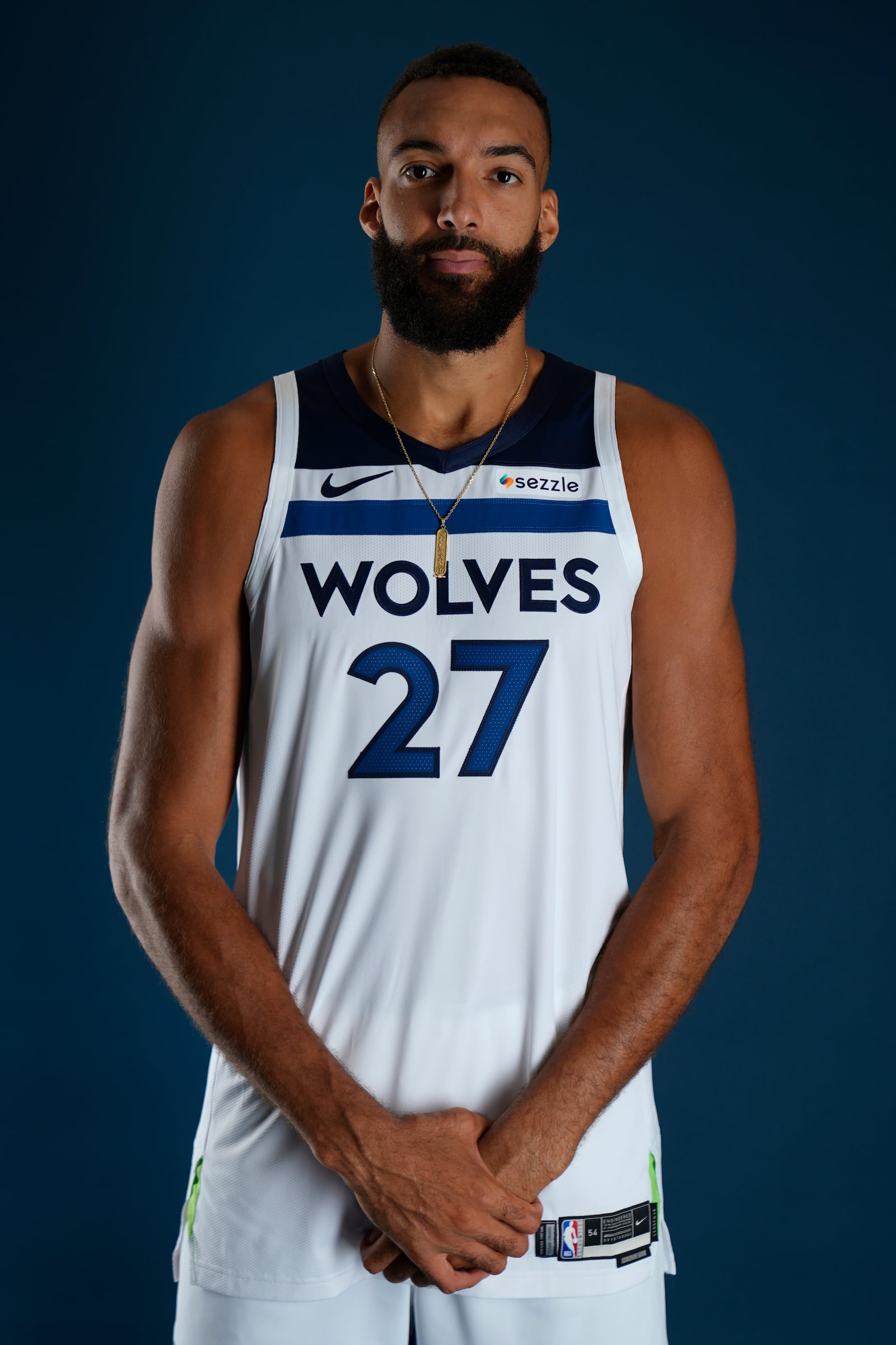 Minnesota Timberwolves center Rudy Gobert poses uring the NBA basketball team's media day, Monday, Sept. 30, 2024, in Minneapolis. (AP Photo/Abbie Parr)