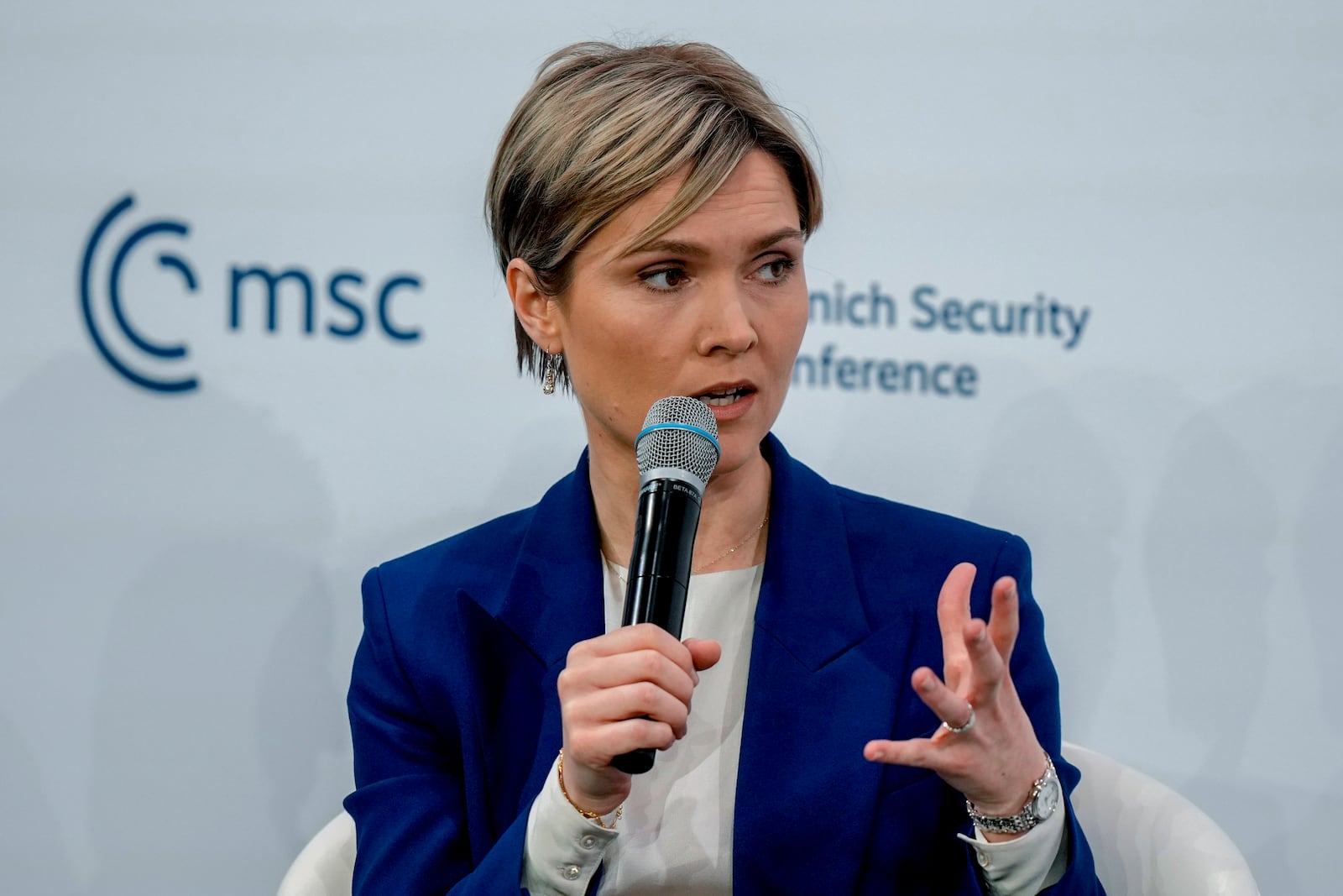 Kristrun Mjoll Frostadottir, Prime Minister of Iceland speaks as part of a panel discussion during the Munich Security Conference at the Bayerischer Hof Hotel in Munich, Germany, Sunday, Feb. 16, 2025. (AP Photo/Matthias Schrader)