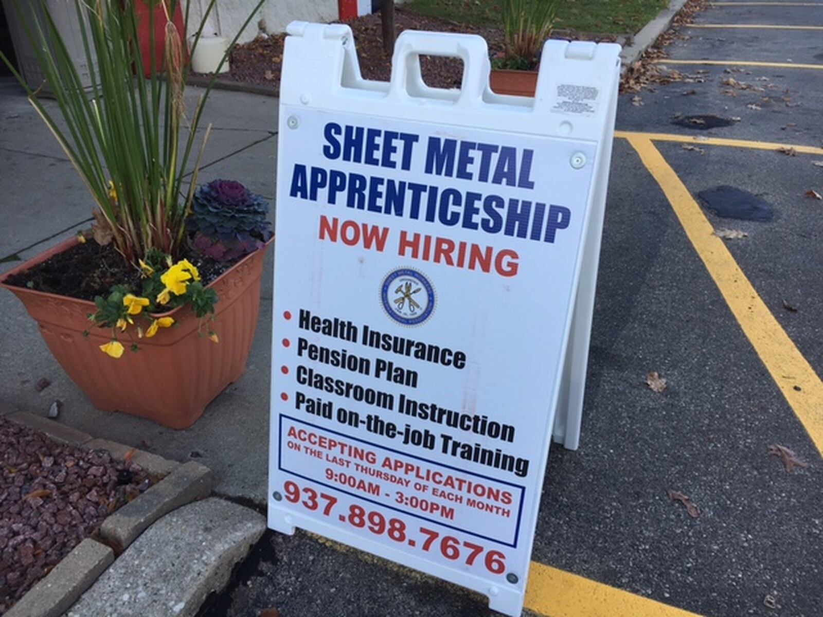 Sheet Metal Workers Local 24 in Dayton, which put out this sign, has been looking for students willing to learn a skilled building trade. THOMAS GNAU/STAFF