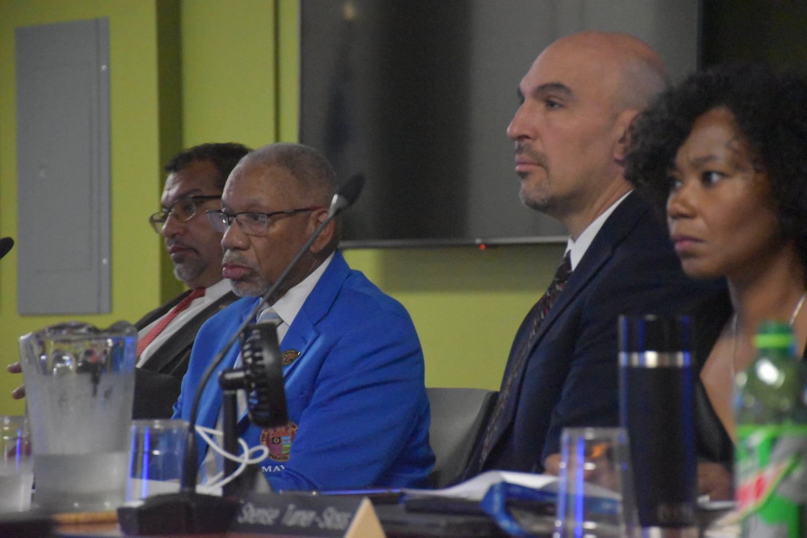 Dayton City Commissioners Shenise Turner Sloss, Matt Joseph, Chris Shaw and Mayor Jeffrey Mims Jr. at a work session about violent crime and gun crime .CORNELIUS FROLIK / STAFF