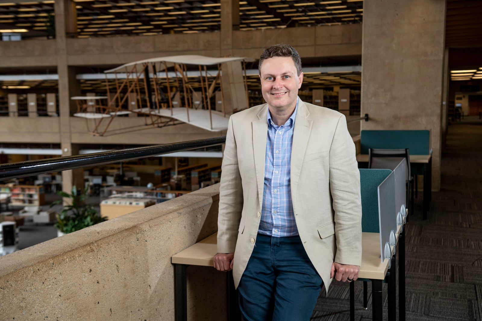 Lee Hannah is a professor of political science at Wright State University. He is pictured here inside Wright State's library.