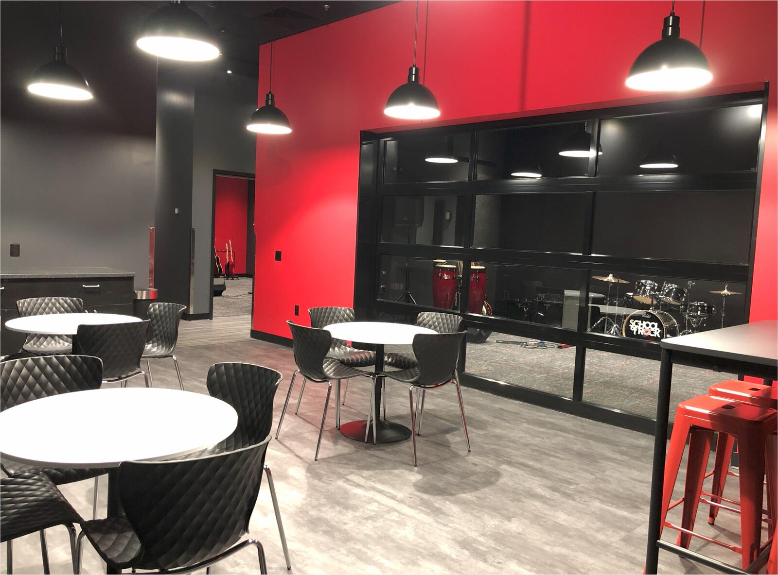 The student lounge and rehearsal room in the new School of Rock Beavercreek, which is part of a franchise network of more than 350 schools in 15 different countries. The first School of Rock opened in Philadelphia in 1998.