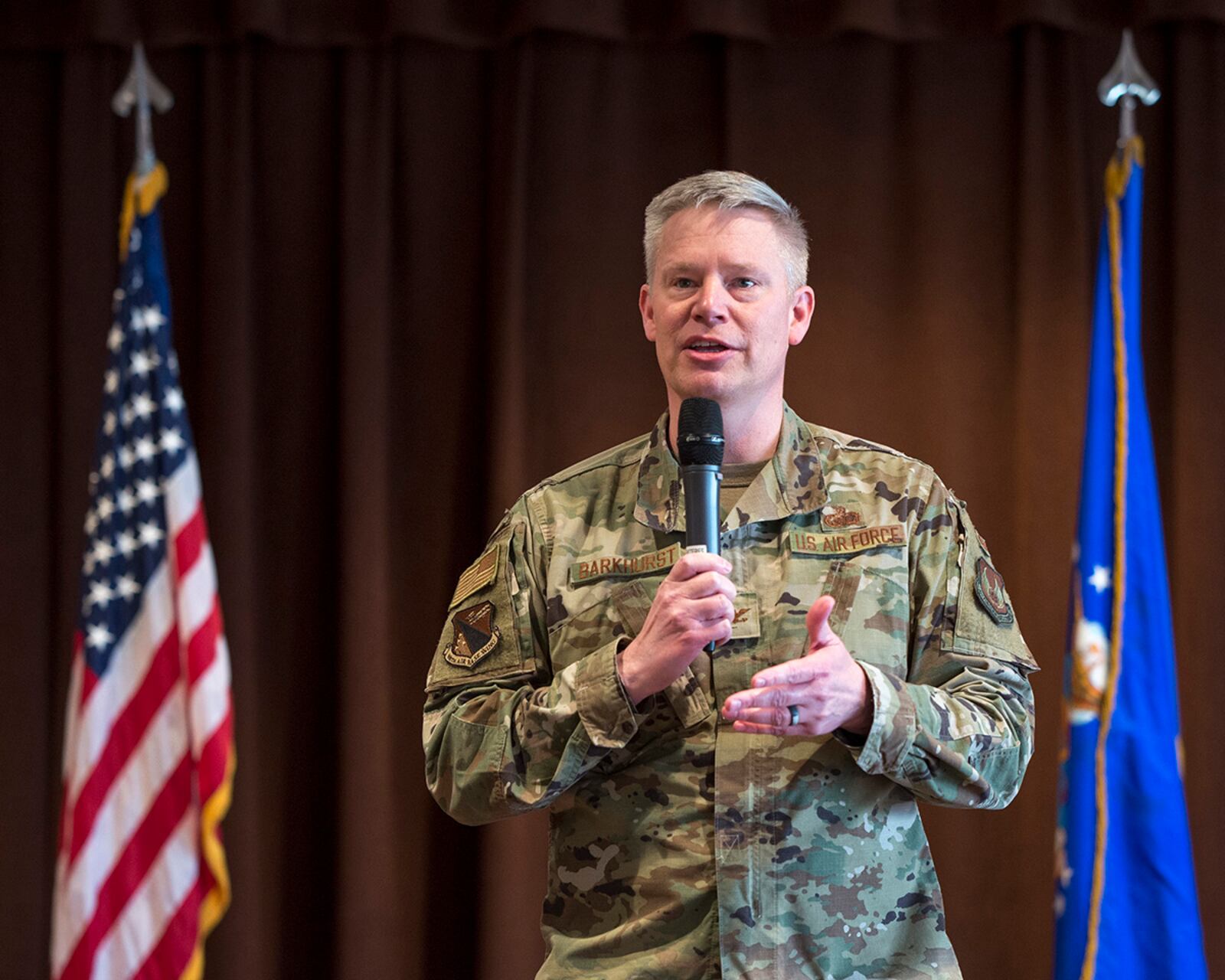 Col. Charles Barkhurst, 88th Air Base Wing vice commander, delivers closing remarks during Airman Leadership School Class 22-C’s graduation ceremony March 24 at Wright-Patterson Air Force Base. ALS is required for staff sergeant selects and open to eligible civilians to gain more knowledge about leadership and Air Force culture. U.S. AIR FORCE PHOTO/JAIMA FOGG