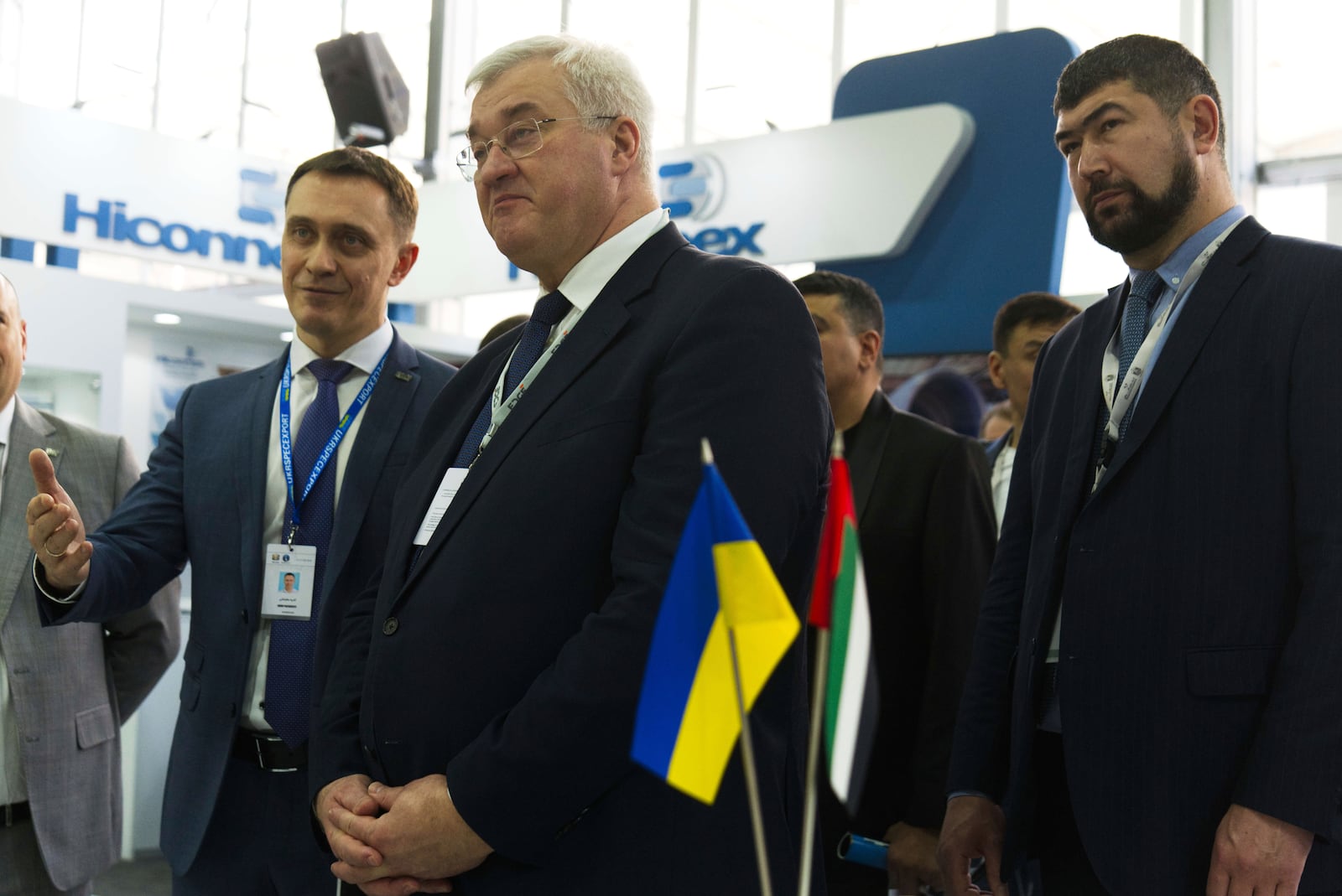 Ukrainian Foreign Minister Andrii Sybiha, center, looks at a stand showing Ukrainian weapons at the biennial International Defense Exhibition and Conference arms show in Abu Dhabi, United Arab Emirates, Monday, Feb. 17, 2025. (AP Photo/Jon Gambrell)