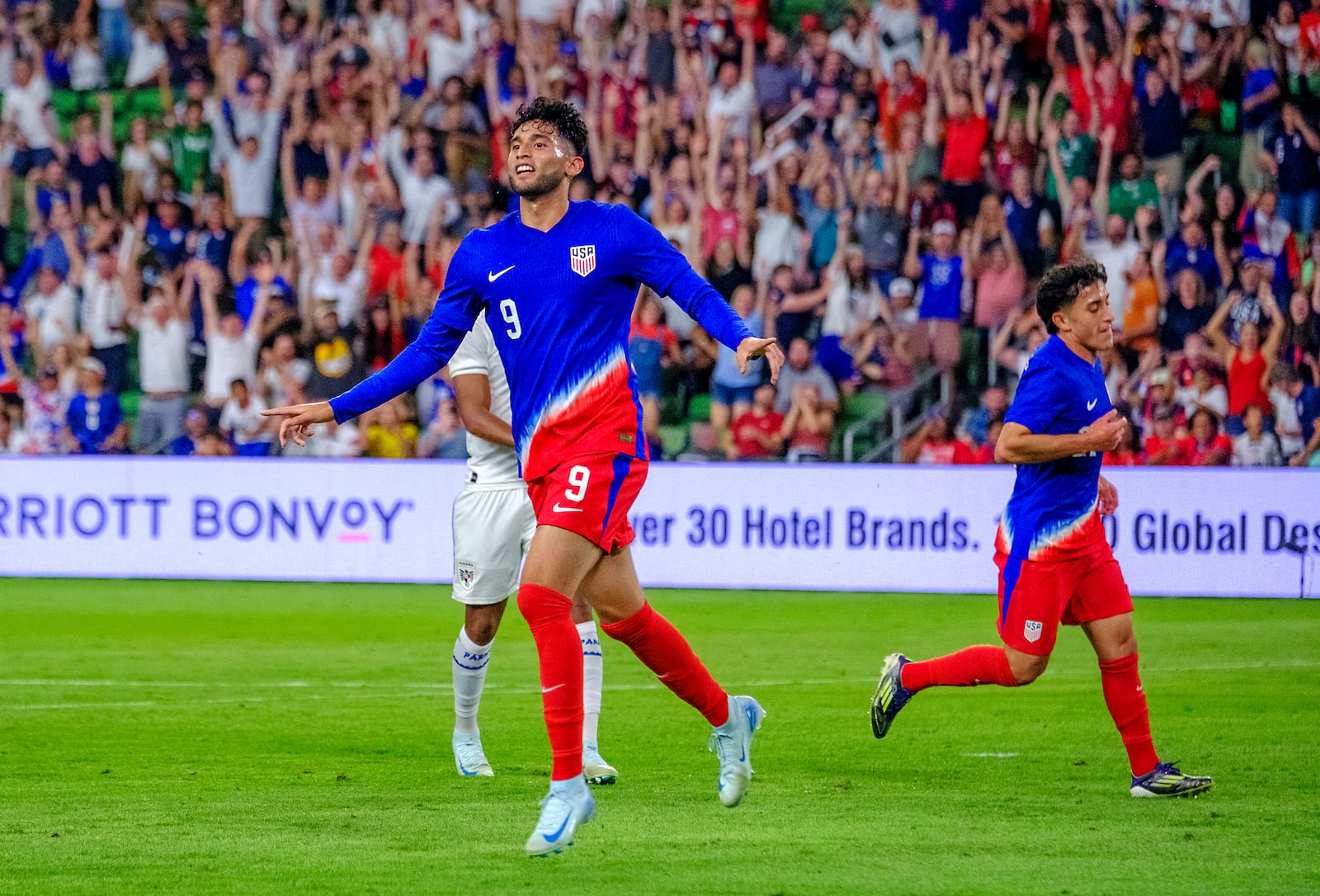 United States forward, Ricardo Pepi, (9) celebrates his goal against Panama during the second half of a international friendly soccer match, Saturday, Oct. 12, 2024, in Austin, Texas. (AP Photo/Rodolfo Gonzalez)