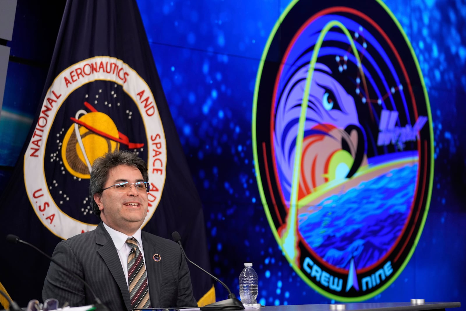 Bill Spetch, operations integration manager, NASA's International Space Station Program, speaks to reporters during a press conference at Johnson Space Center on Tuesday, March 18, 2025, in Houston, following the splashdown of astronauts Butch Wilmore, Suni Williams, Nick Hague, and Alexander Gorbunov. (AP Photo/Ashley Landis)