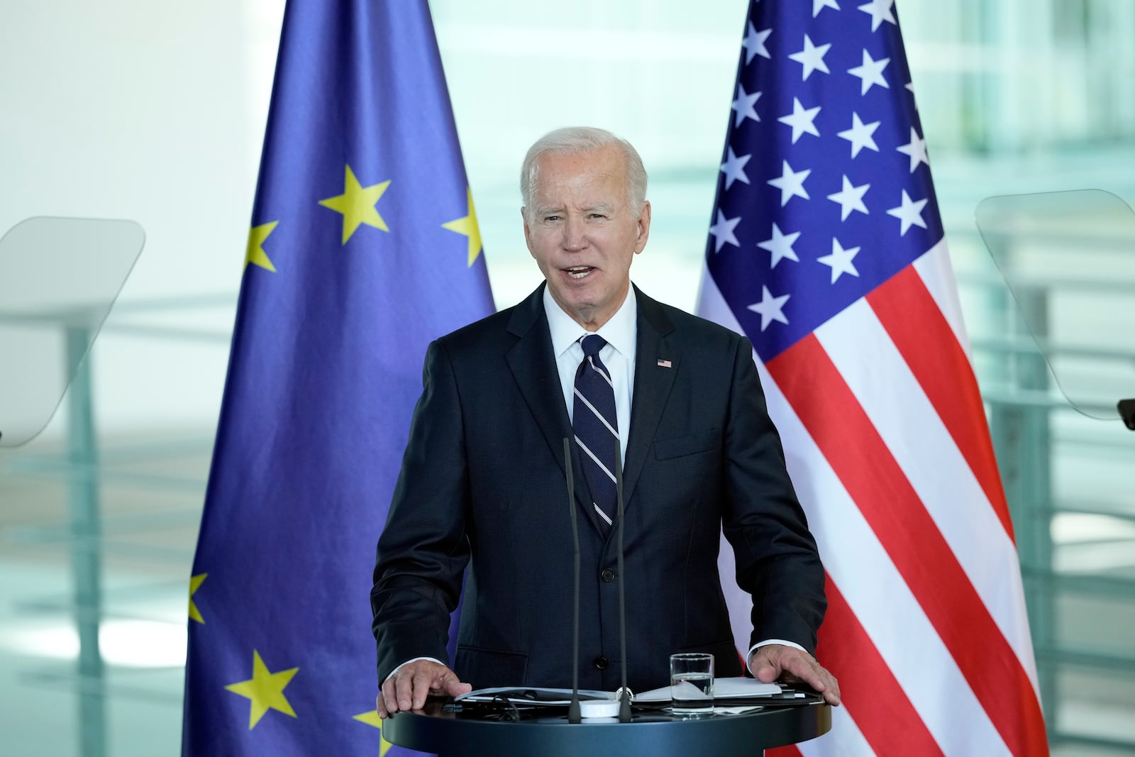 President Joe Biden talks to the media during a joint statement to the press with German Chancellor Olaf Scholz at the Chancellery in Berlin, Germany, Friday, Oct. 18, 2024. (AP Photo/Ebrahim Noroozi)