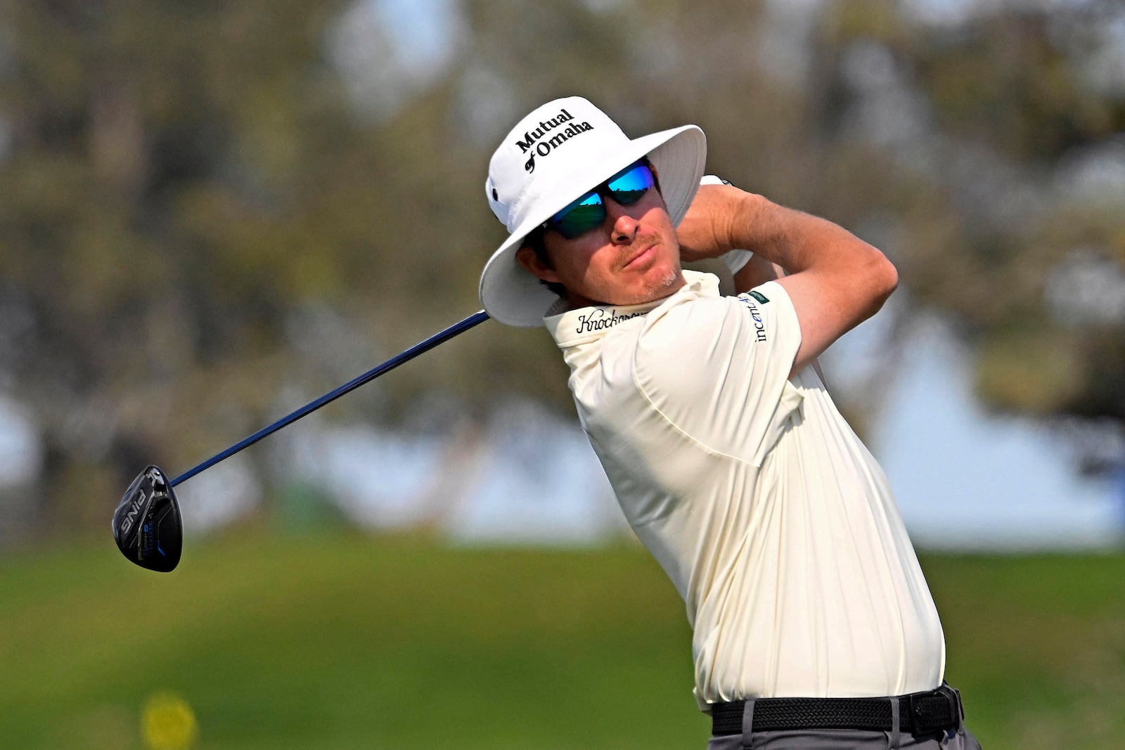 Joel Dahmen hits his tee shot on the fifth hole on the South Course at Torrey Pines during the third round of the Farmers Insurance Open golf tournament Friday, Jan. 24, 2025, in San Diego. (AP Photo/Denis Poroy)